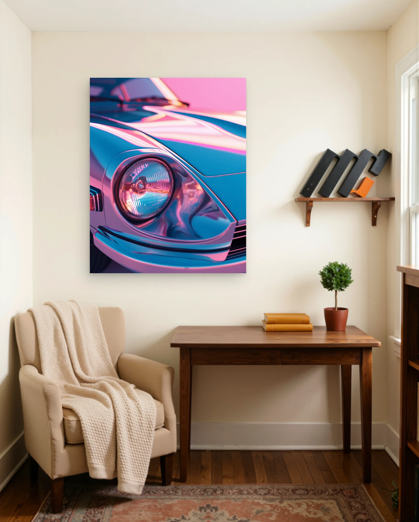 Classic Car Neon Chrome Poster — framed wall art poster by Memocult