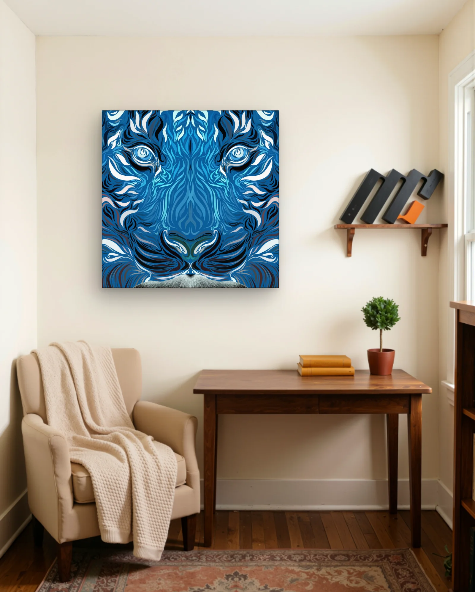 Blue Swirl Tiger Face Wall Art — framed wall art poster by Memocult