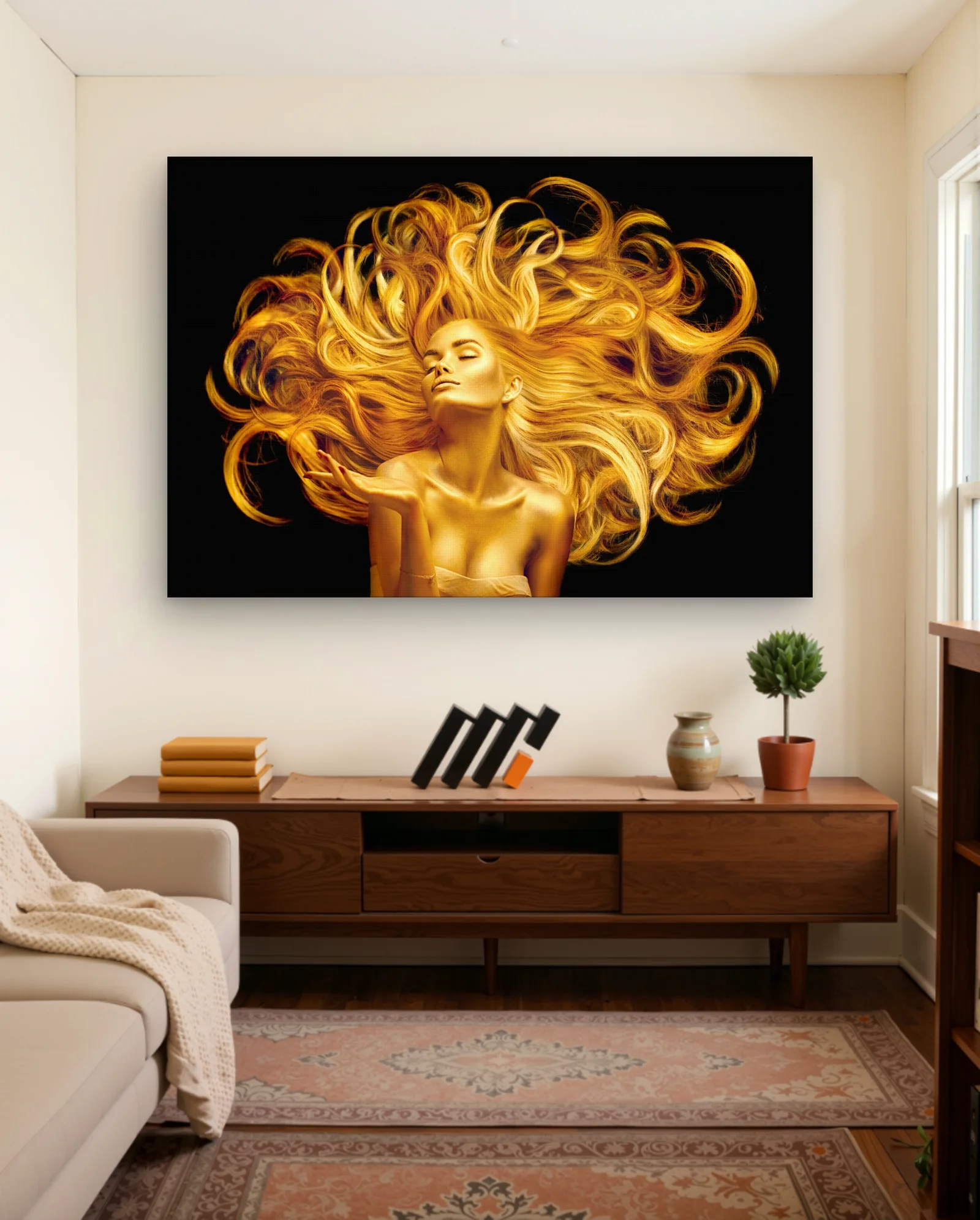 Gold Body Paint Woman Flowing Hair Wall Art — framed wall art poster by Memocult