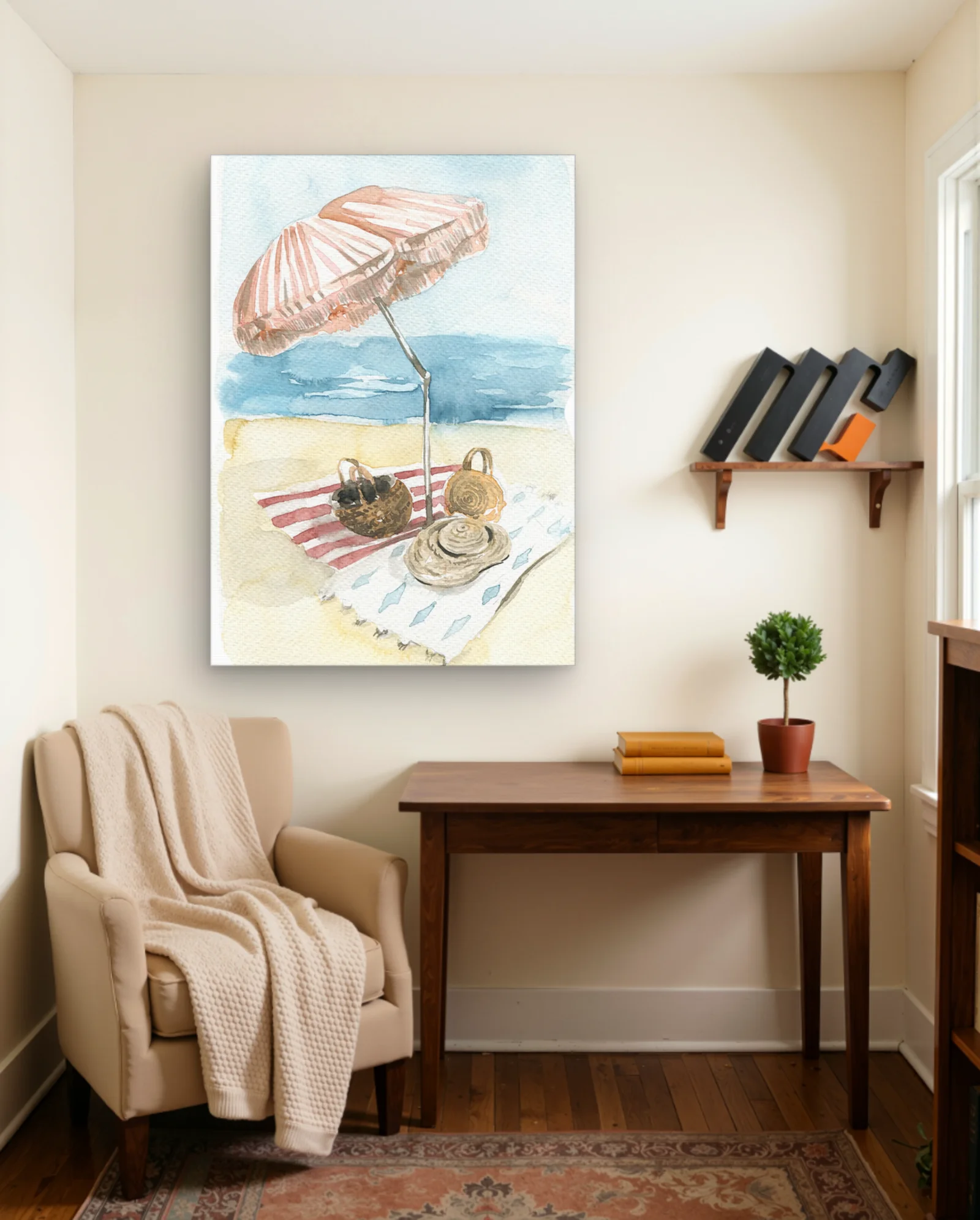 Pink Striped Beach Umbrella And Picnic Wall Art — Aesthetic Moods abstract & modern wall art poster