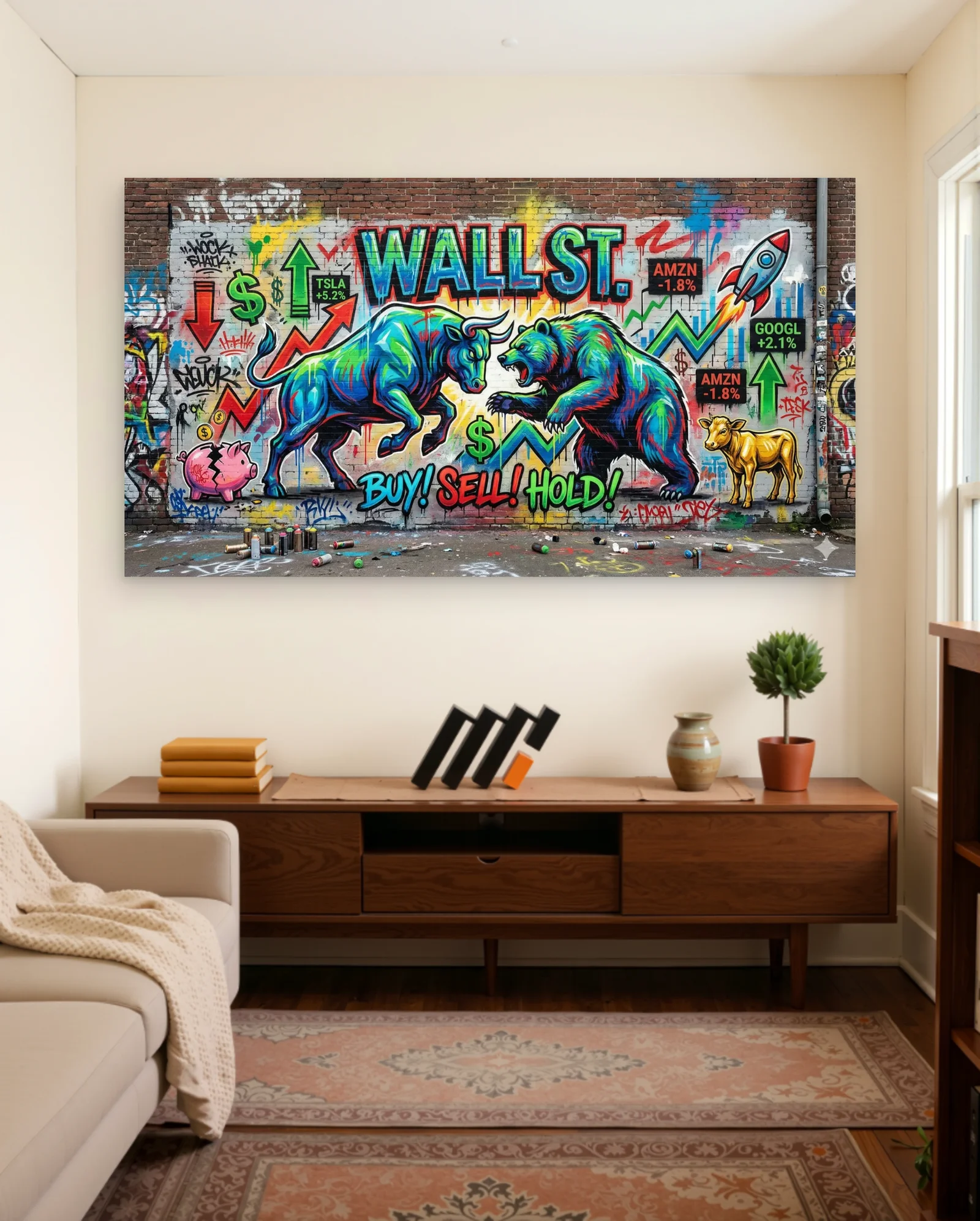 Wall Street Bull Bear Buy Sell Hold Poster — framed wall art poster by Memocult