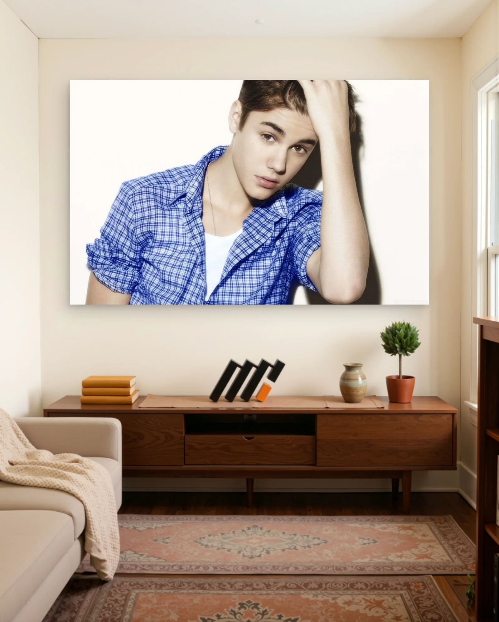 Justin Bieber Blue Plaid Shirt Poster — framed wall art poster by Memocult
