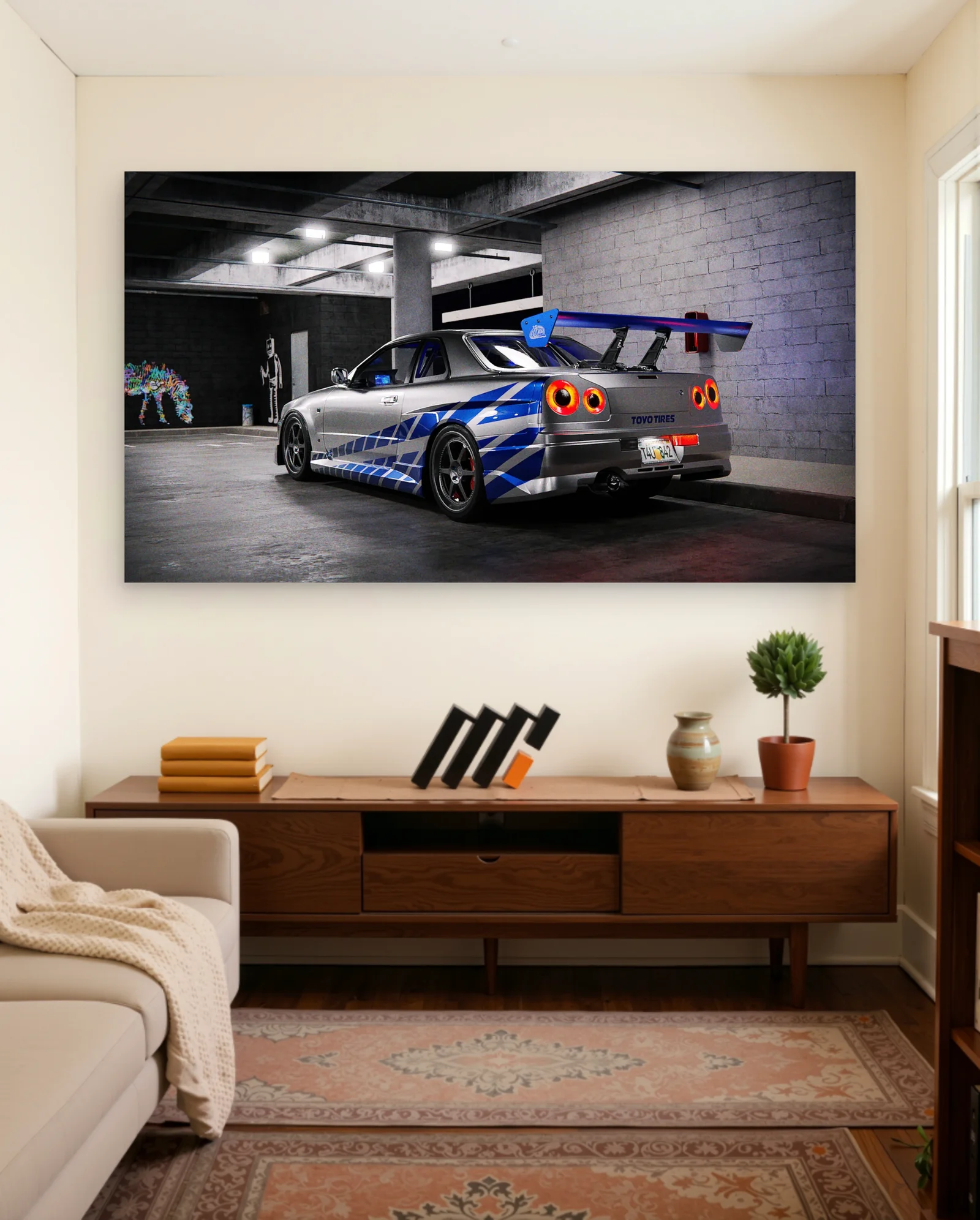 Nissan Skyline R34 Silver Blue Stripes Poster — framed wall art poster by Memocult