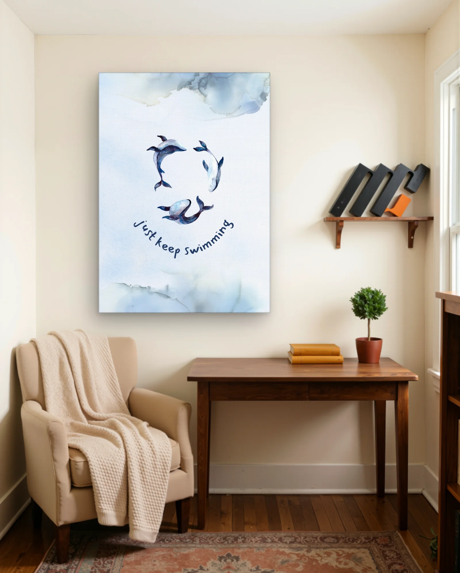 Just Keep Swimming Whales Wall Art — framed wall art poster by Memocult