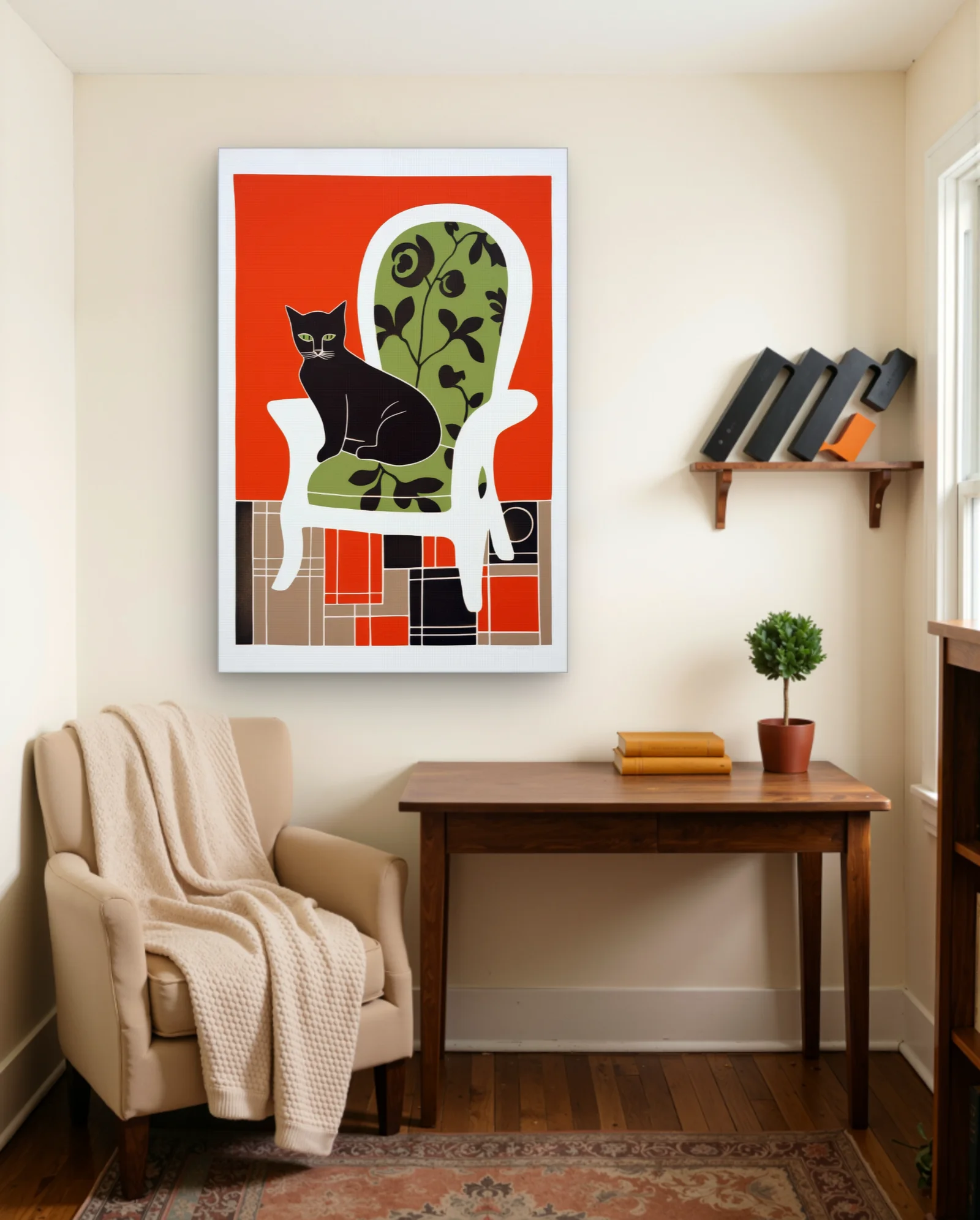 Black Cat On Green Floral Chair Wall Art — framed wall art poster by Memocult