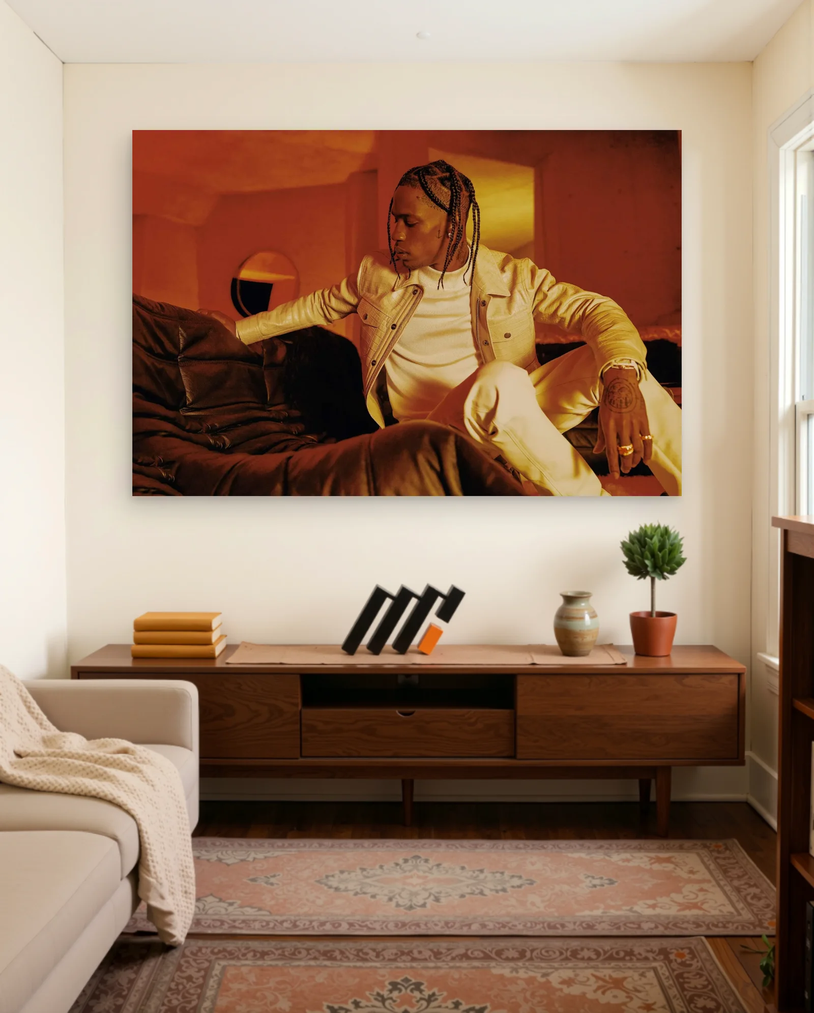 Travis Scott Beige Jacket Pose Poster — framed wall art poster by Memocult