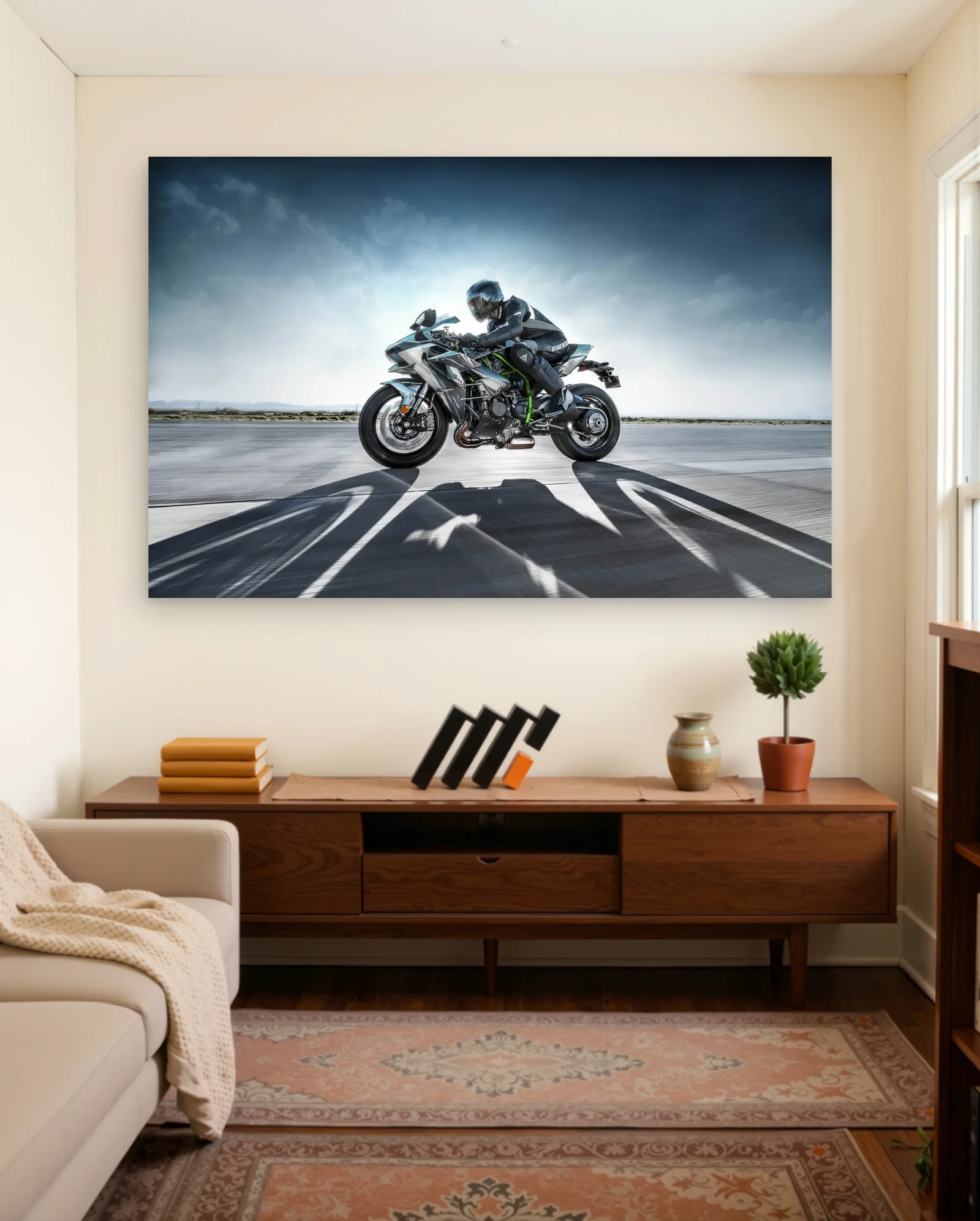 Kawasaki Ninja H2 Rider Dynamic Poster — framed wall art poster by Memocult