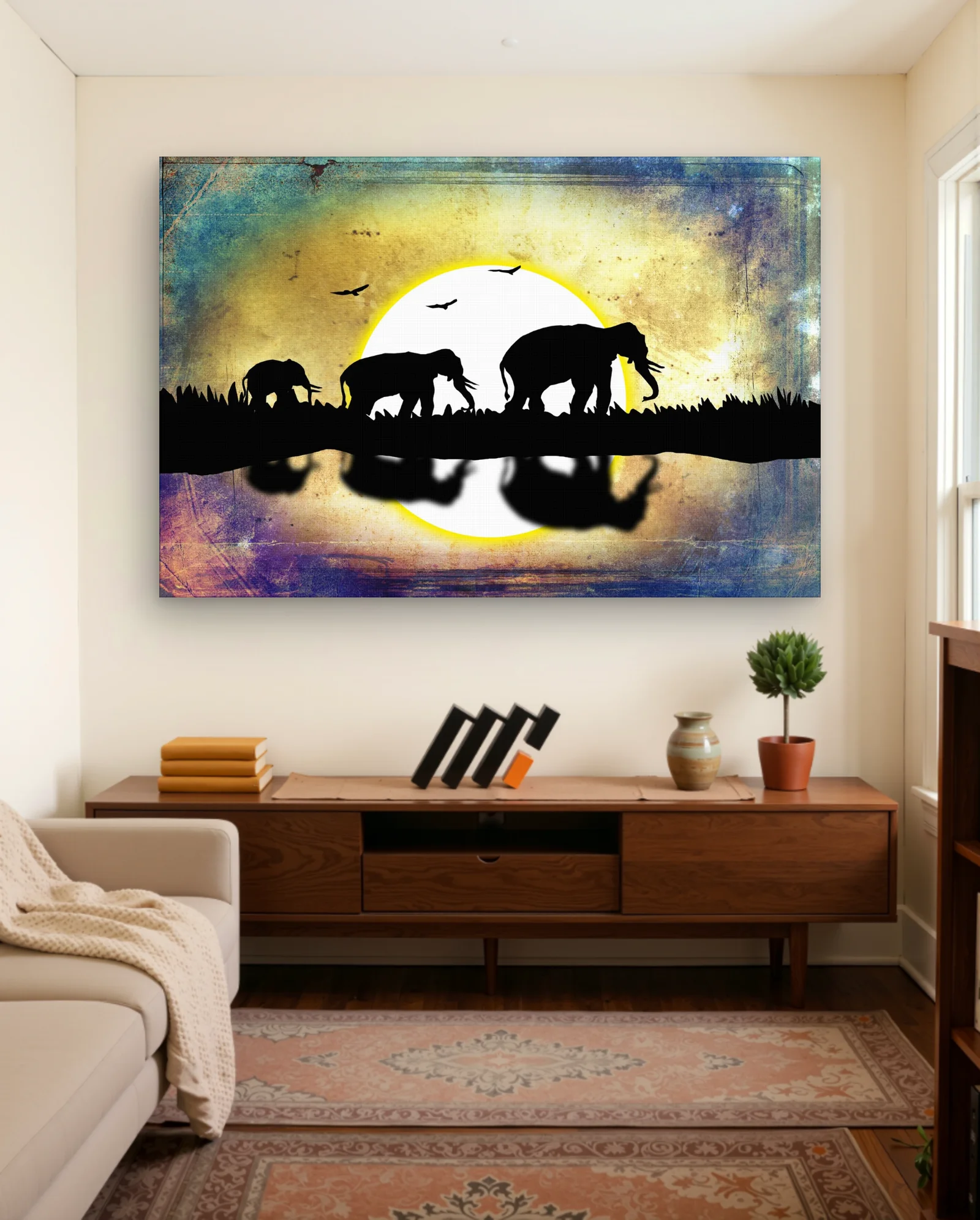 Elephant Family Silhouette Yellow Sun Wall Art — framed wall art poster by Memocult