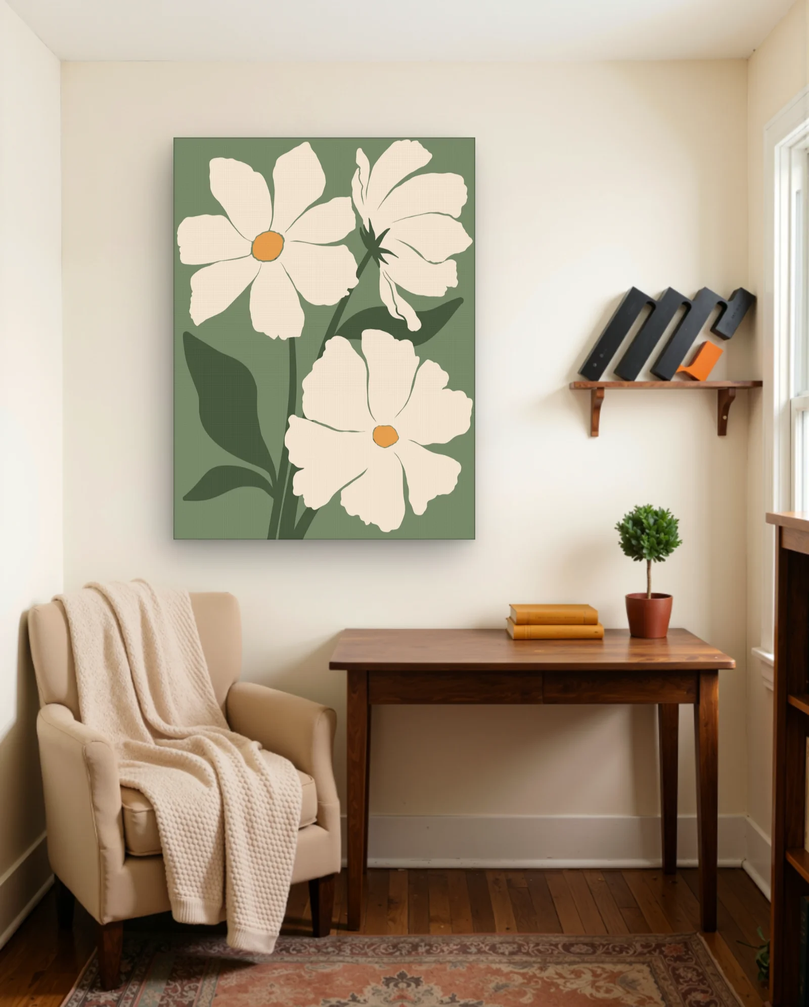 Cream Daisy Flowers Olive Background Wall Art — framed wall art poster by Memocult