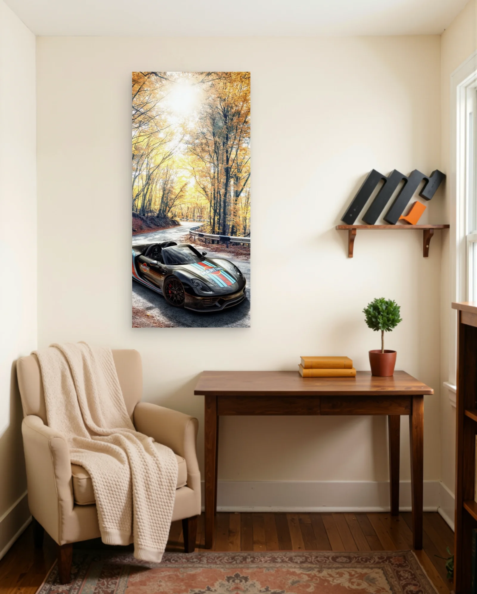 Porsche 918 Spyder Martini Livery Autumn Poster — framed wall art poster by Memocult