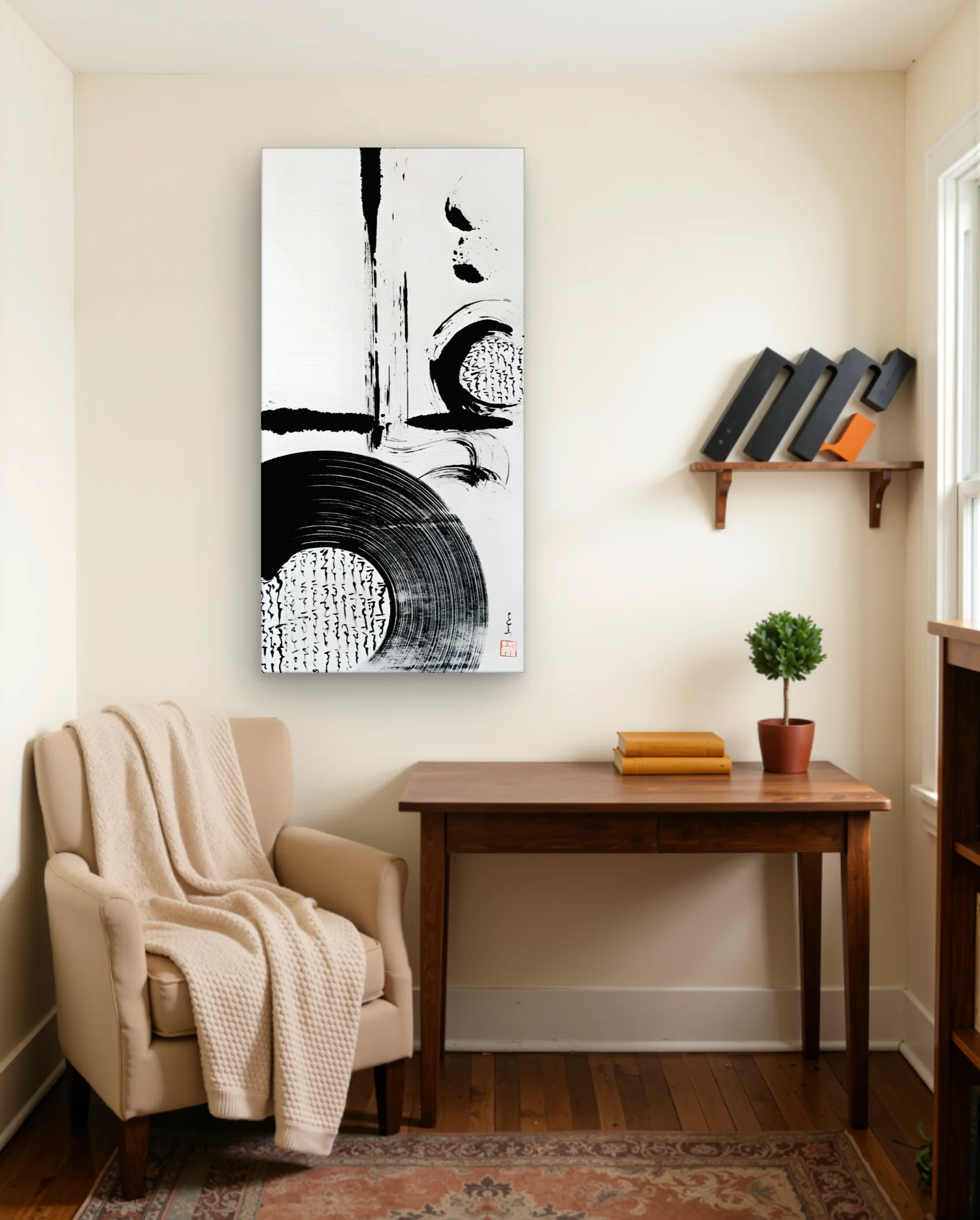 Black Brush Disc With Calligraphy Art Print — framed wall art poster by Memocult