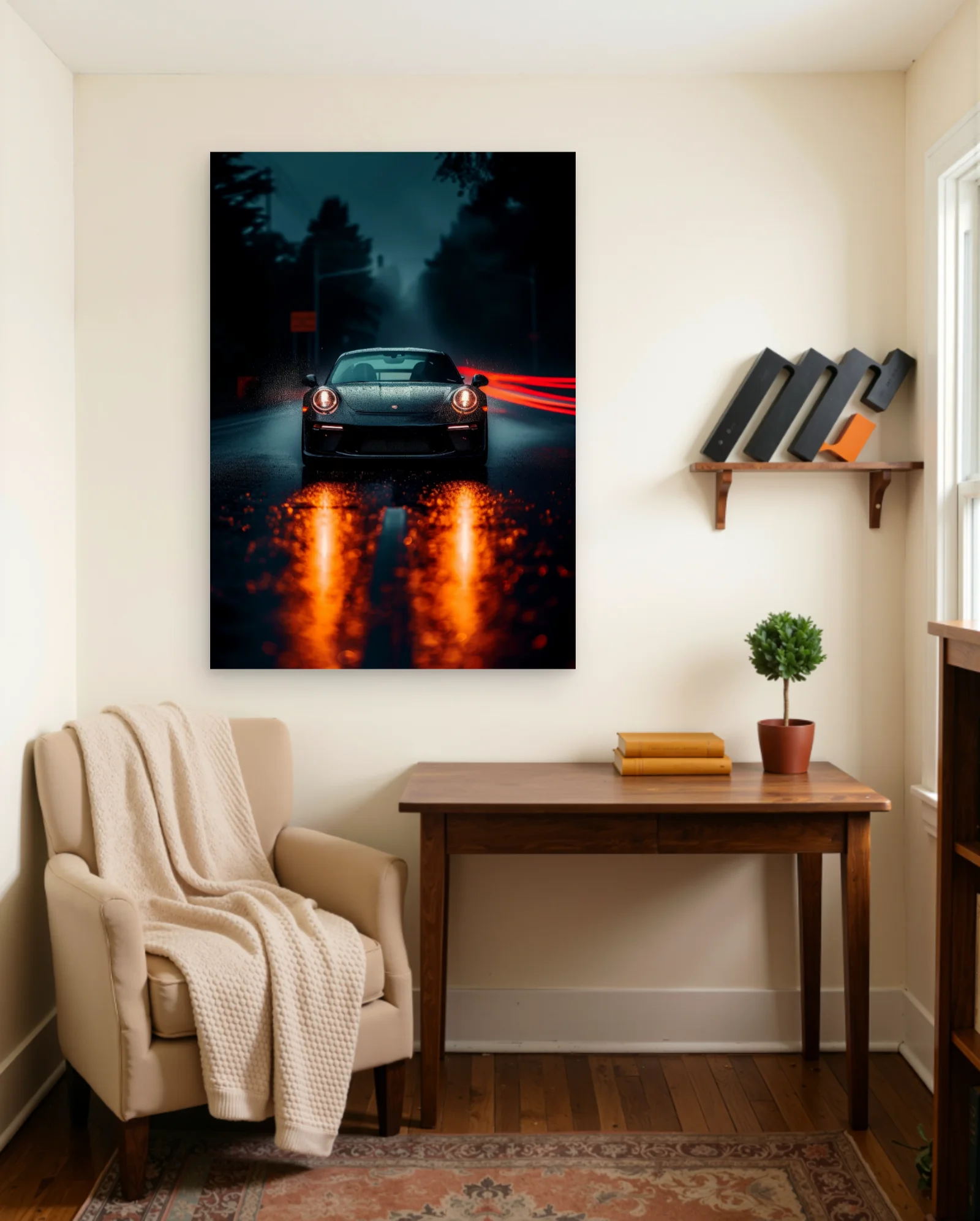 Porsche 911 Rainy Night Speed Trails Poster — framed wall art poster by Memocult