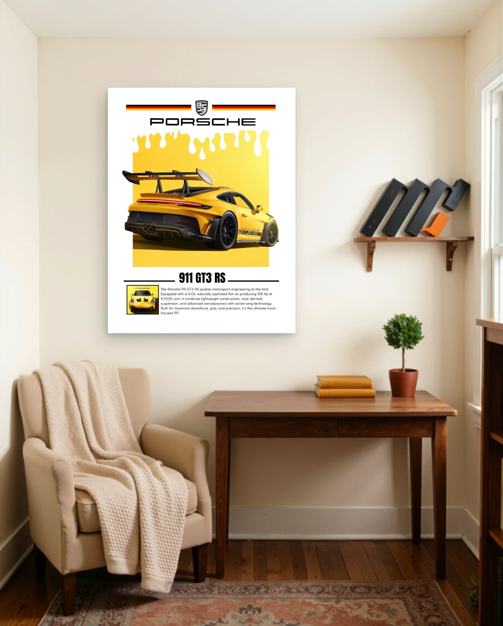 Porsche 911 GT3 RS Yellow Poster — framed wall art poster by Memocult