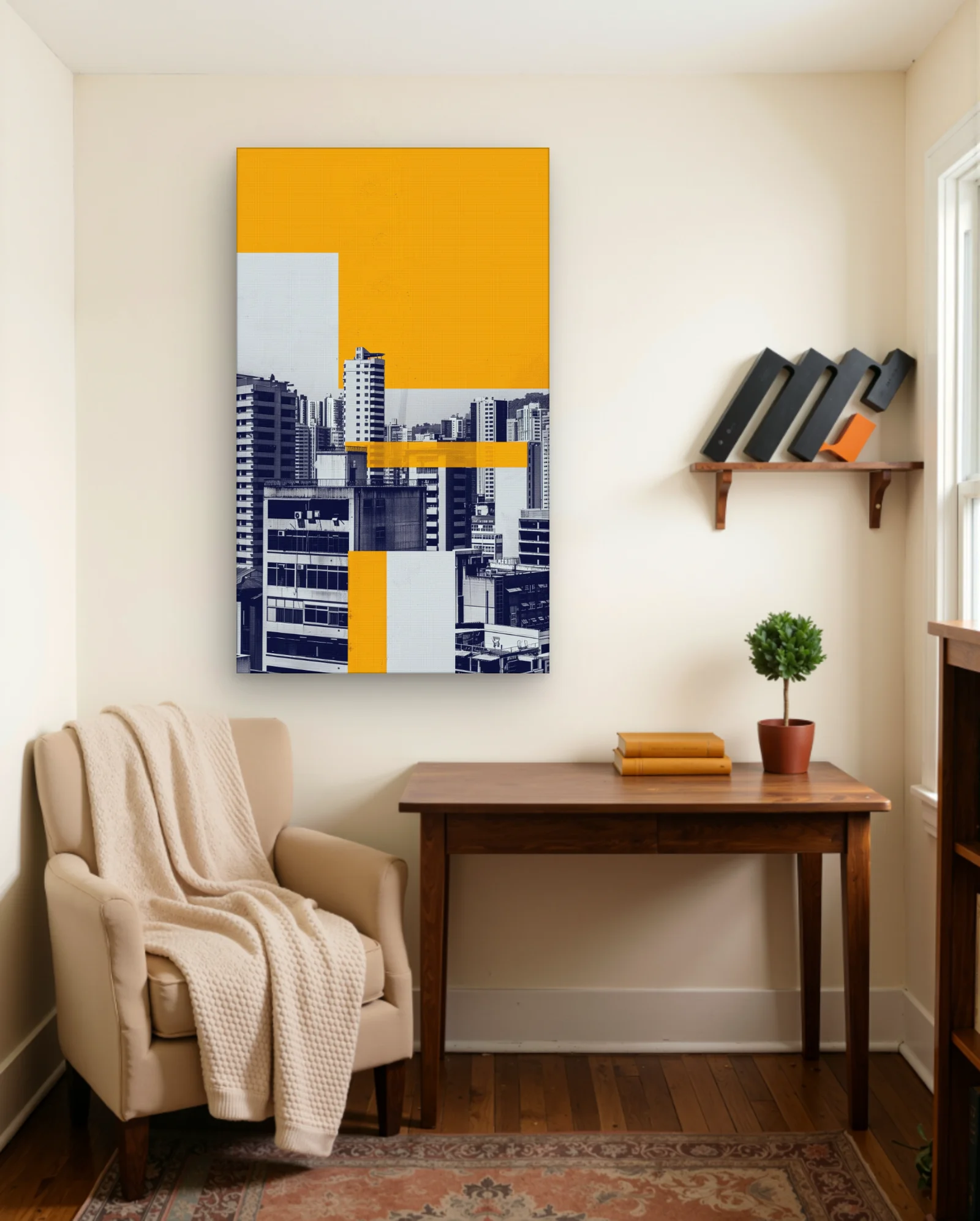 Cityscape Yellow Geometric Overlays Wall Art — framed wall art poster by Memocult