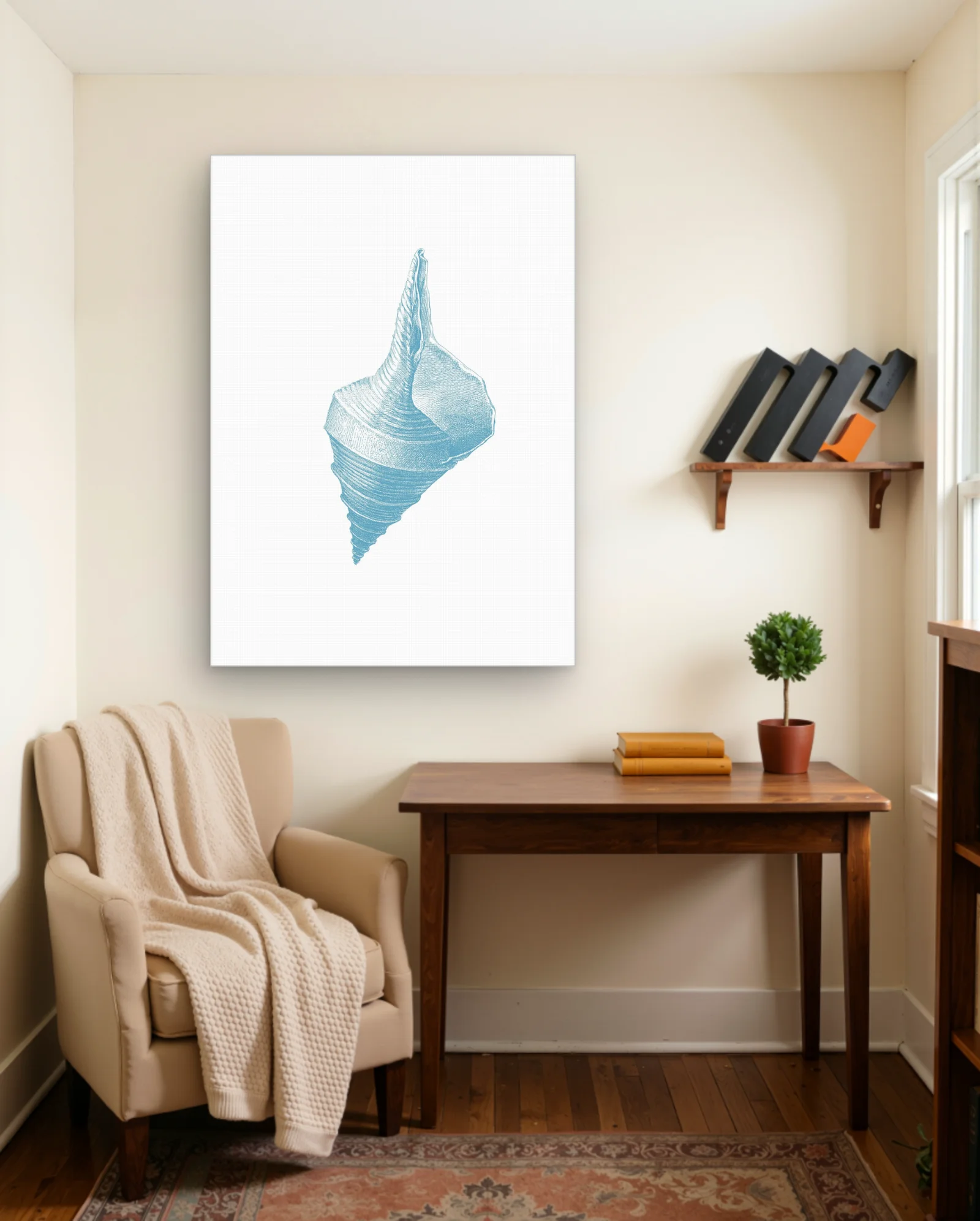 Blue Engraved Conch Shell Wall Art — framed wall art poster by Memocult