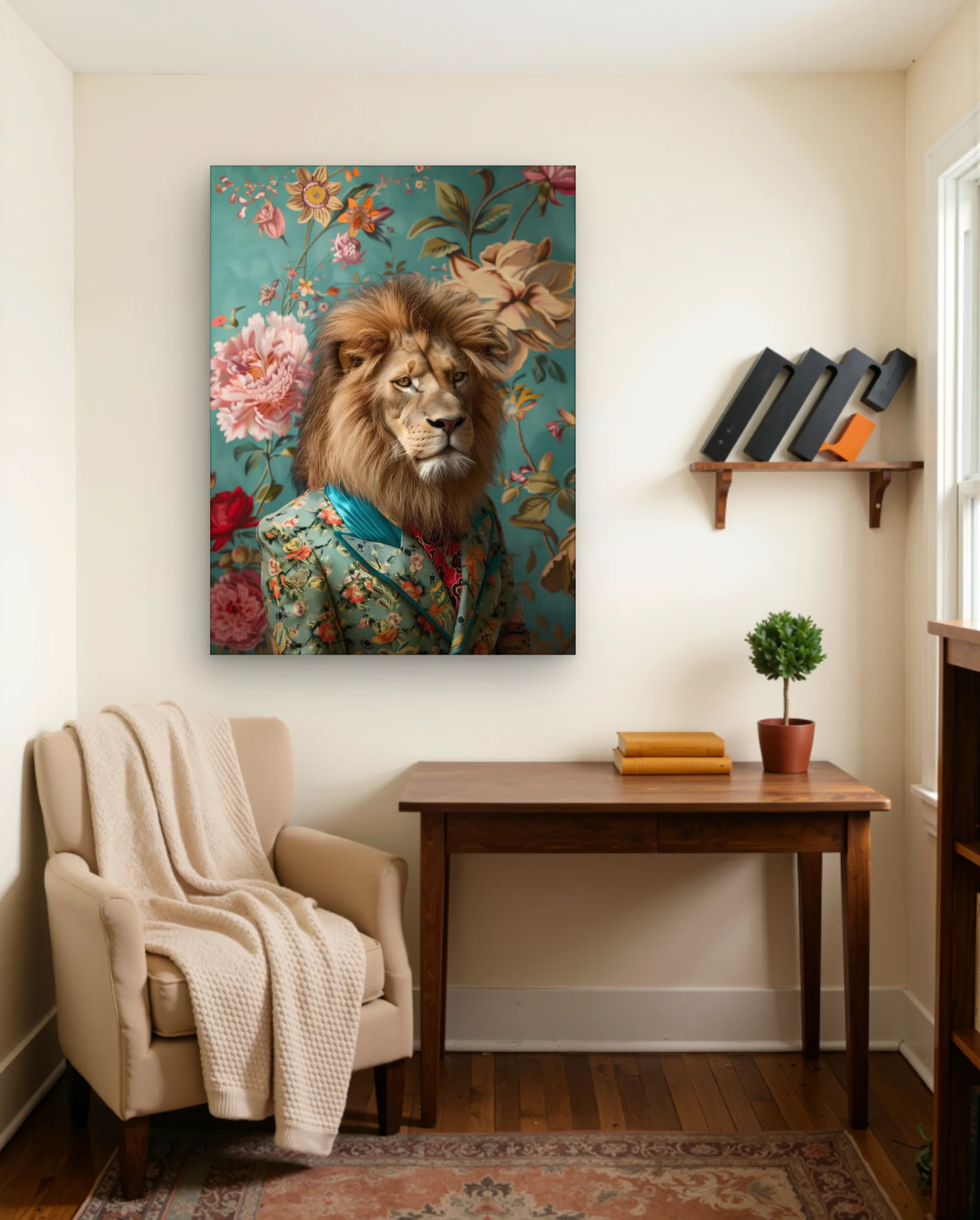 Lion In Floral Jacket Turquoise Scarf Wall Art — framed wall art poster by Memocult