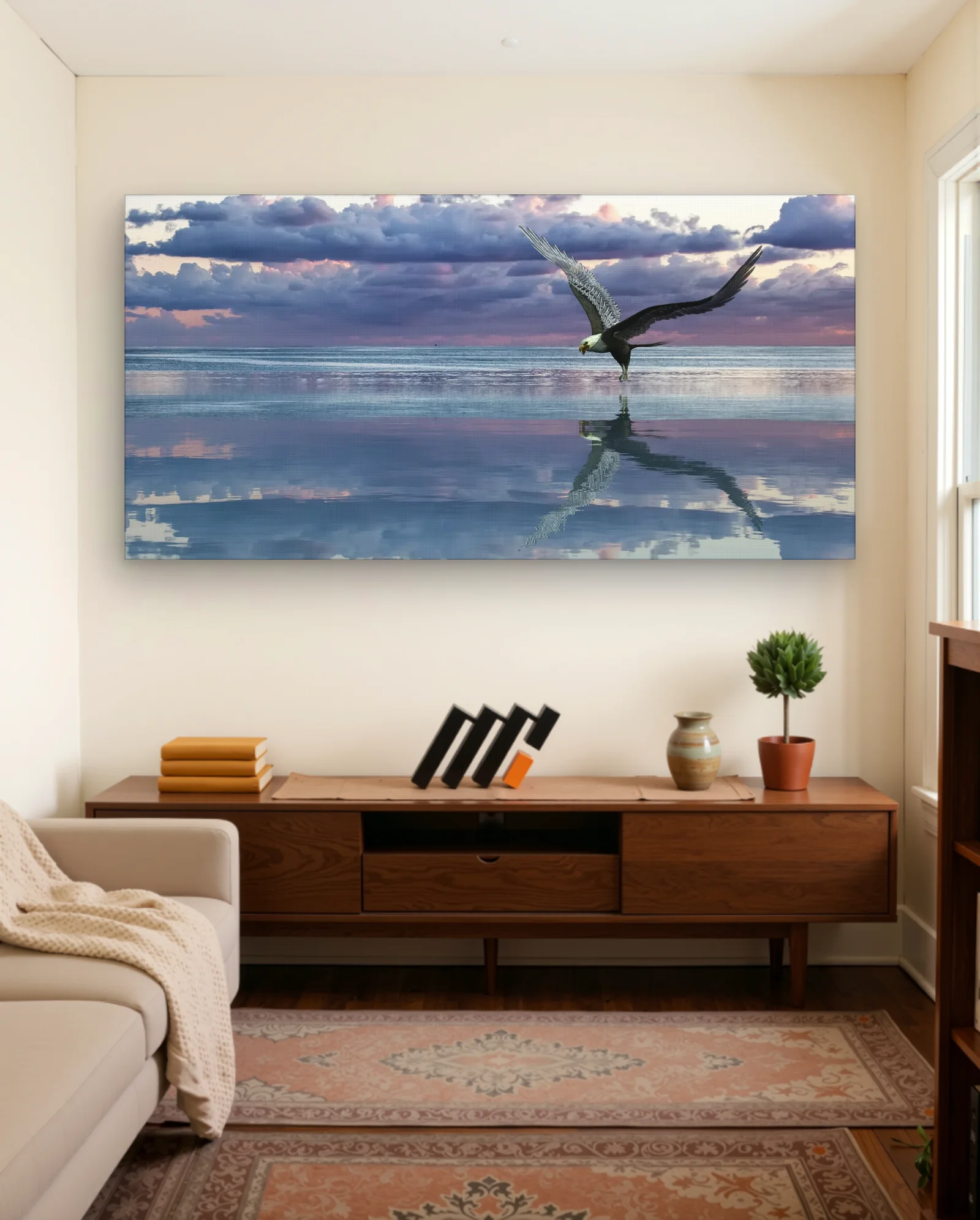 Bald Eagle Over Sunset Sea Wall Art — framed wall art poster by Memocult