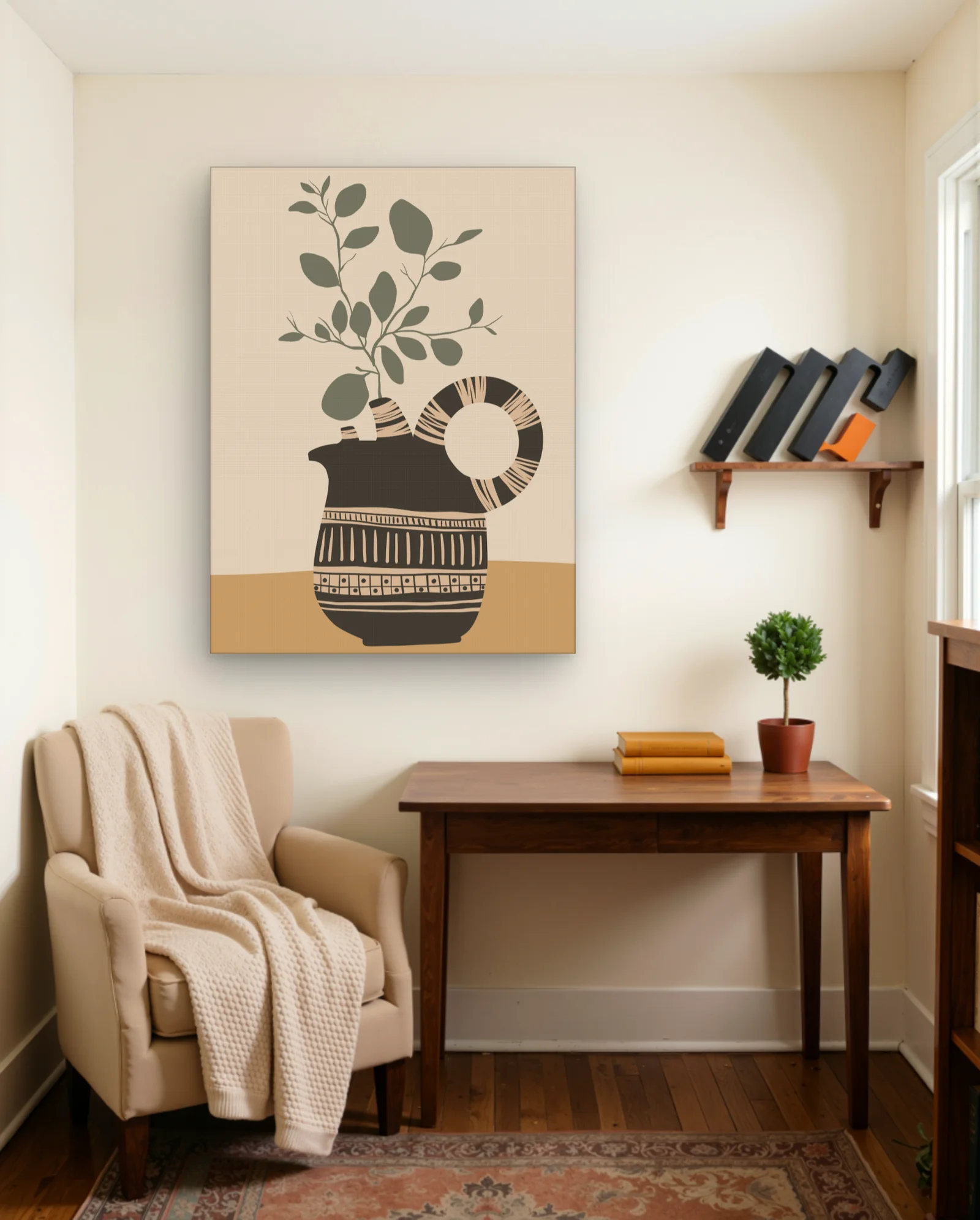 Striped Tribal Pitcher With Olive Branch Wall Art — framed wall art poster by Memocult