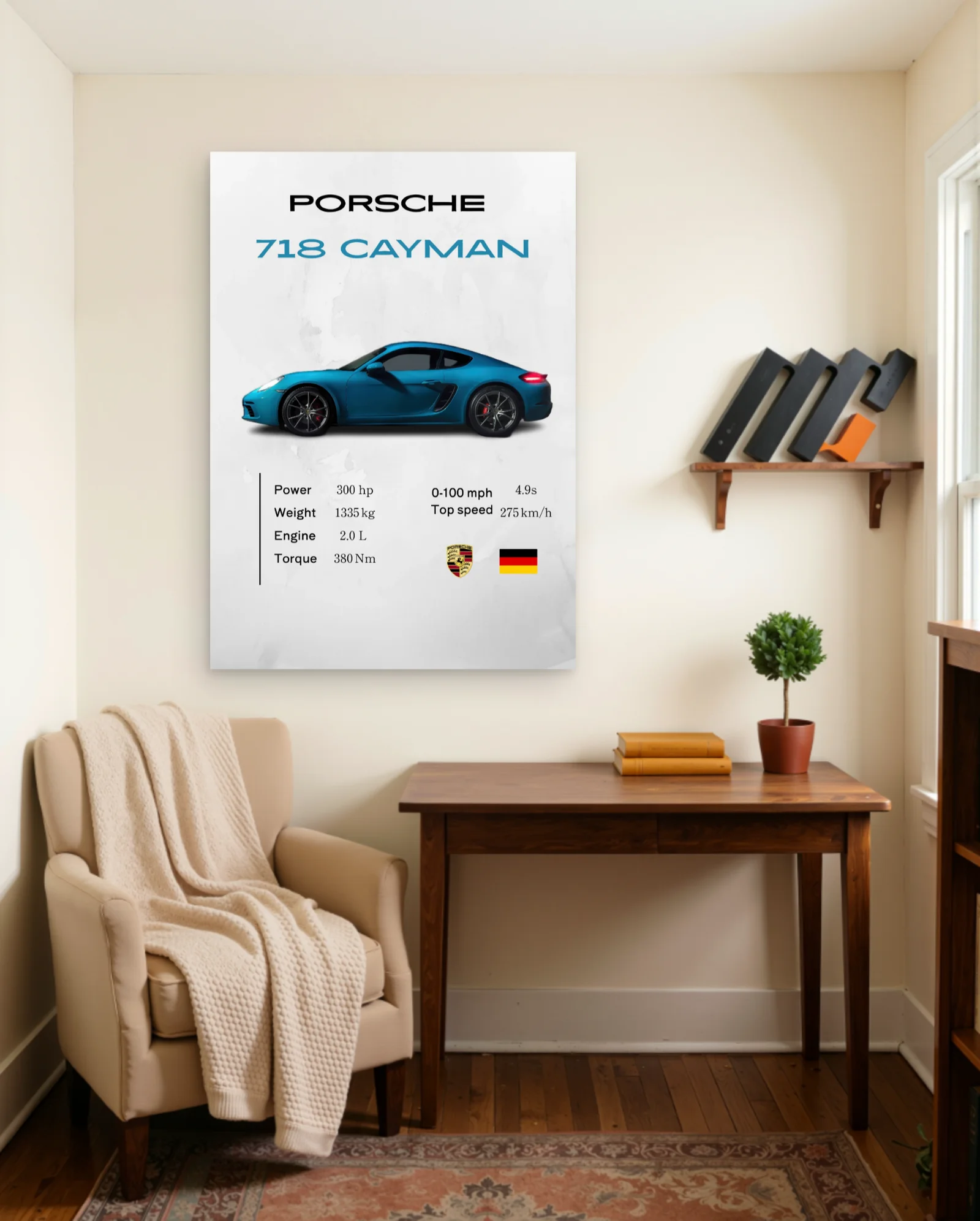 Teal Porsche 718 Cayman Poster — framed wall art poster by Memocult