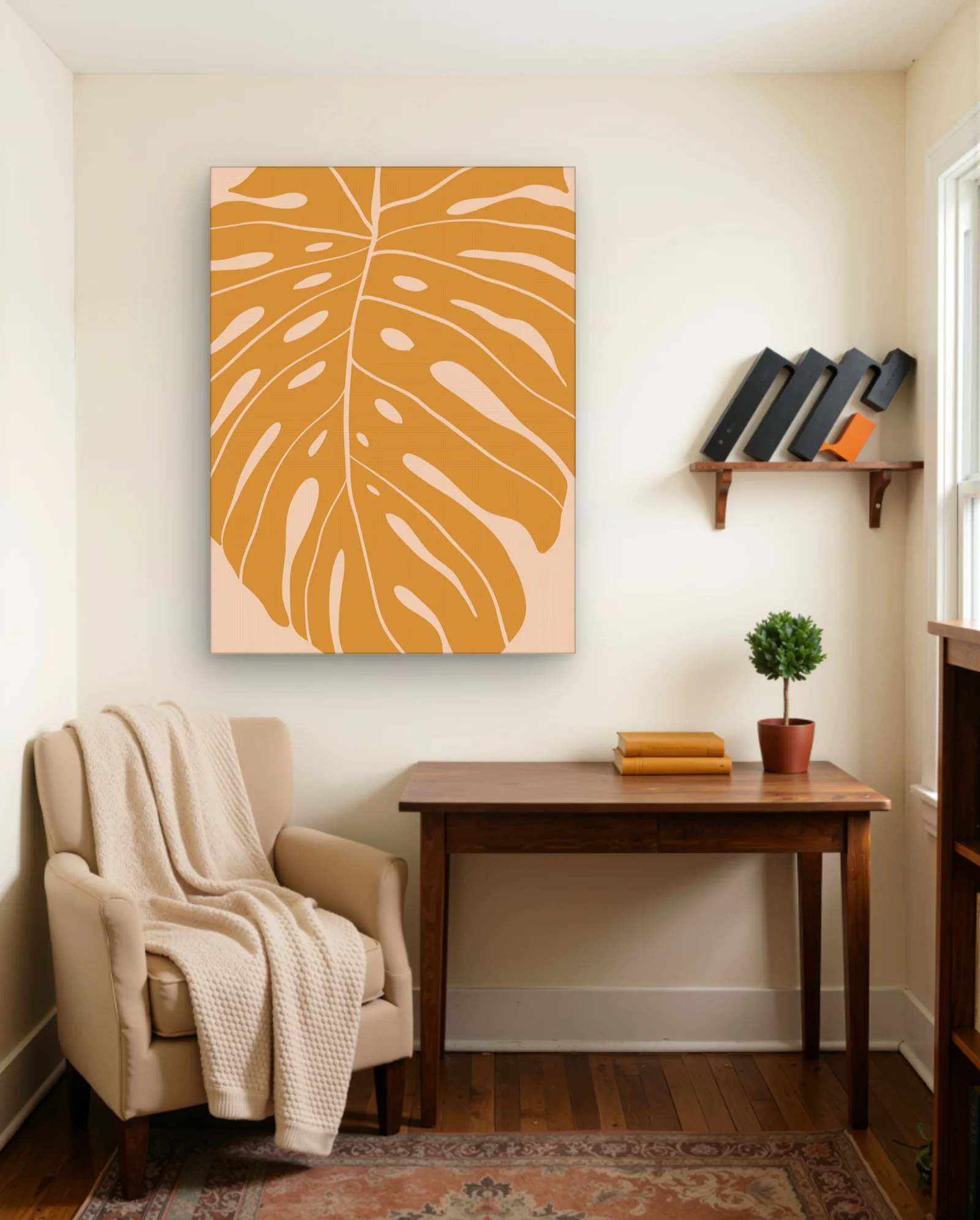 Ochre Monstera Leaf Wall Art — framed wall art poster by Memocult