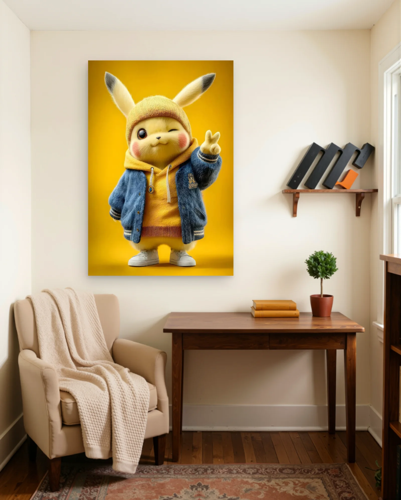 Pikachu Peace Sign Poster — framed wall art poster by Memocult