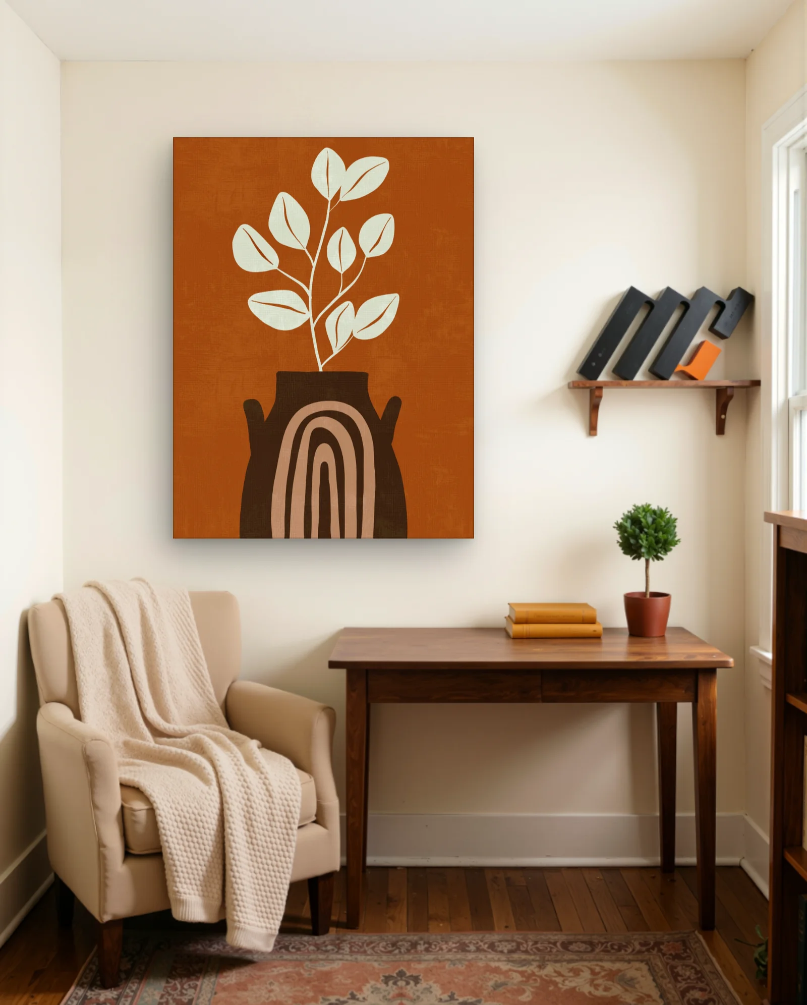 Cream Leaf Branch In Brown Striped Vase Wall Art — framed wall art poster by Memocult