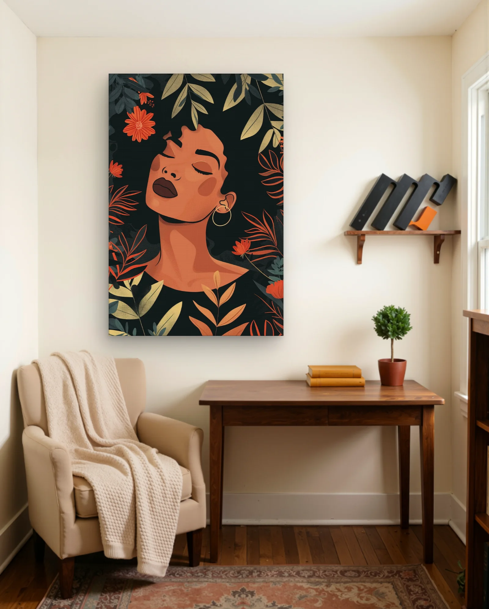 Woman With Hoop Earring And Flowers Wall Art — framed wall art poster by Memocult