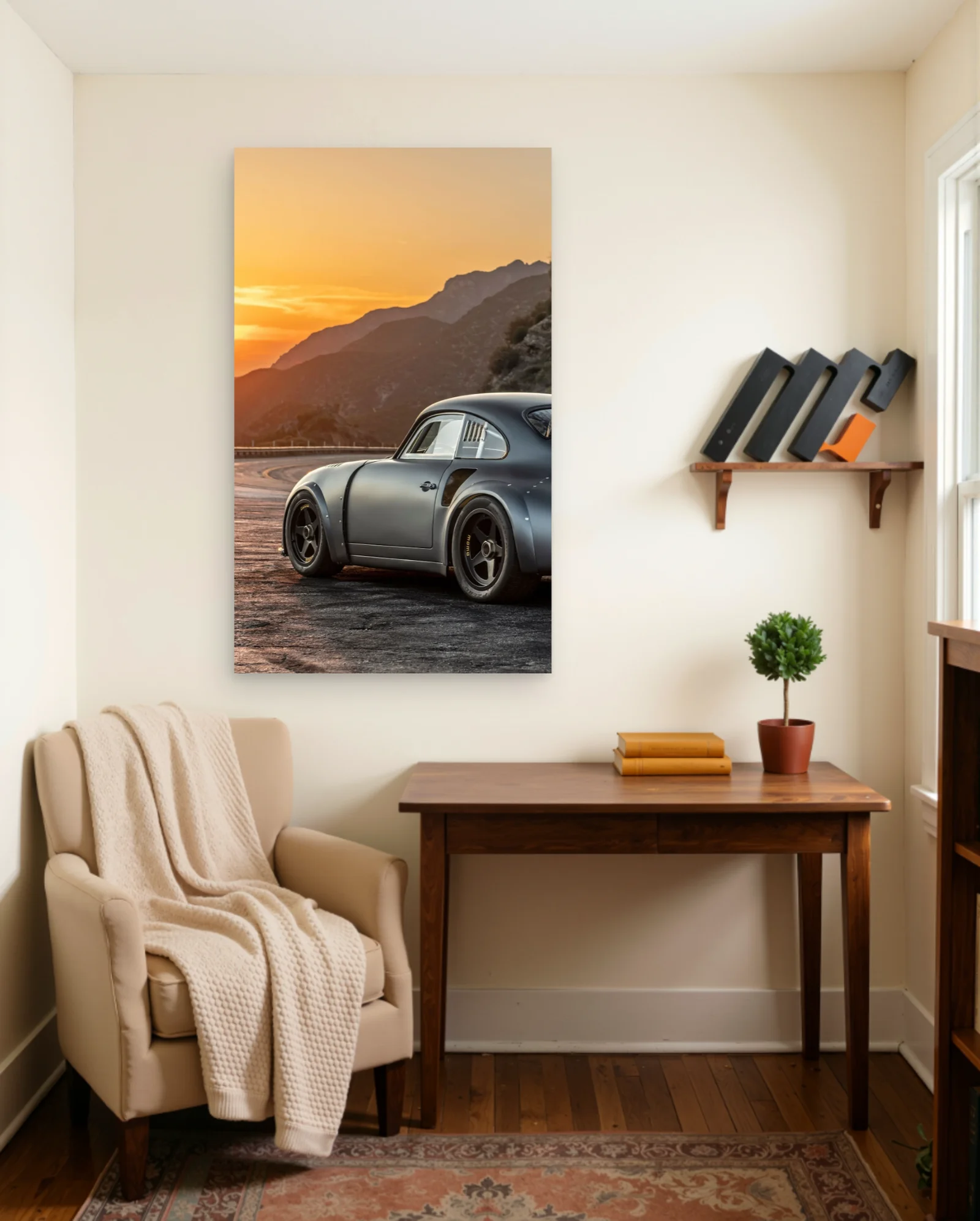 Porsche 356 RSR — Matte Slate Rear‑Three‑Quarter at Sunset on Coastal Pass — framed wall art poster by Memocult