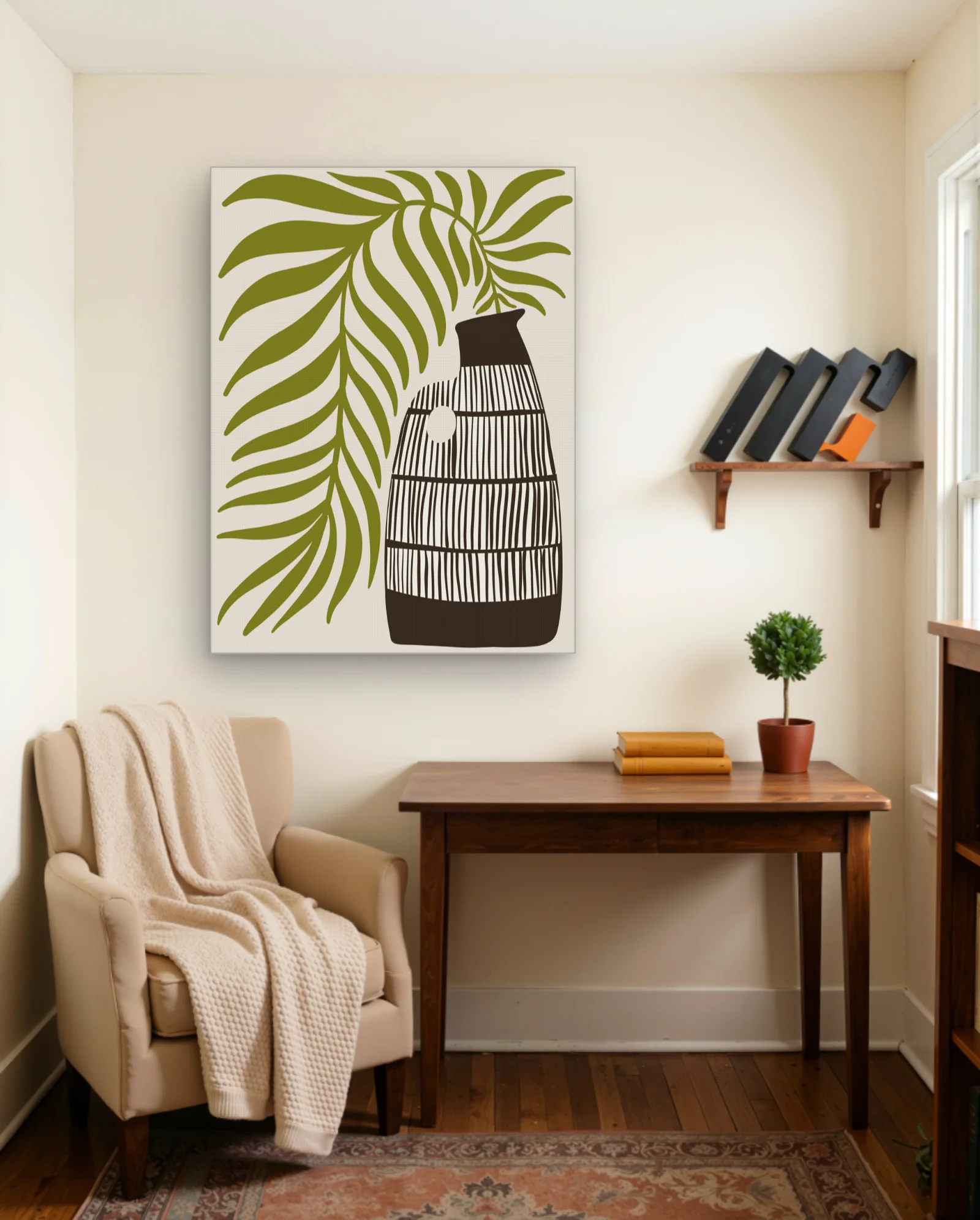 Olive Palm Frond Striped Vase Wall Art — framed wall art poster by Memocult