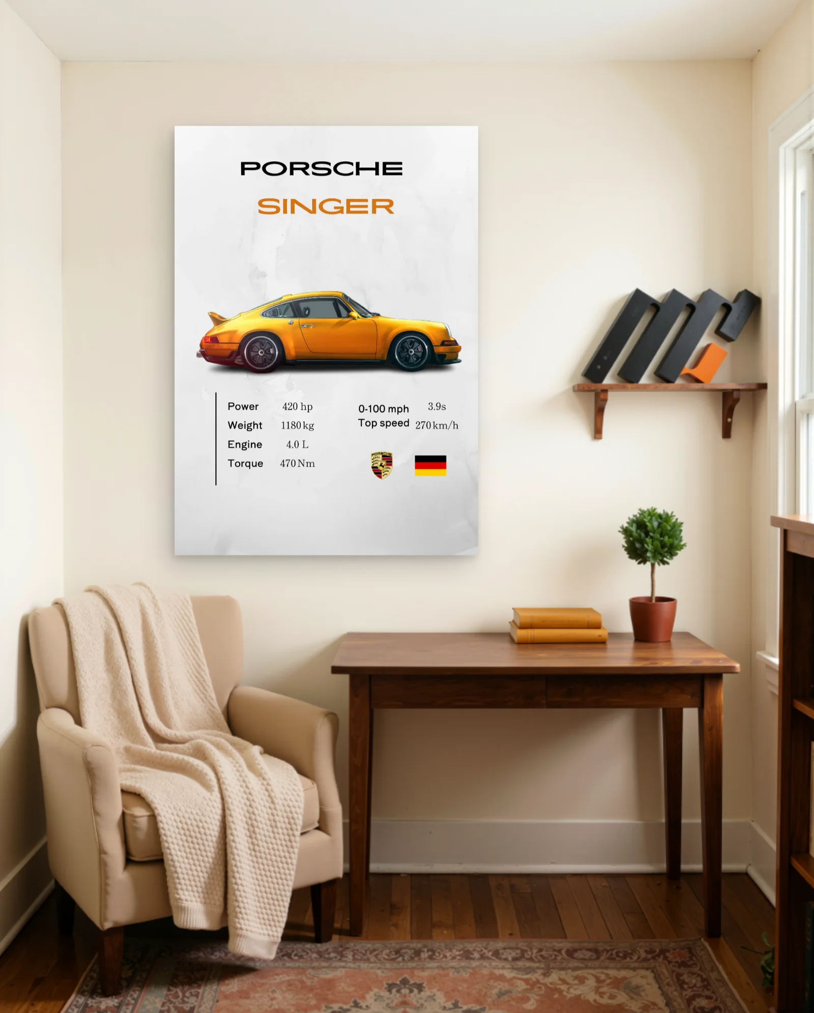 Porsche Singer Yellow Poster — framed wall art poster by Memocult