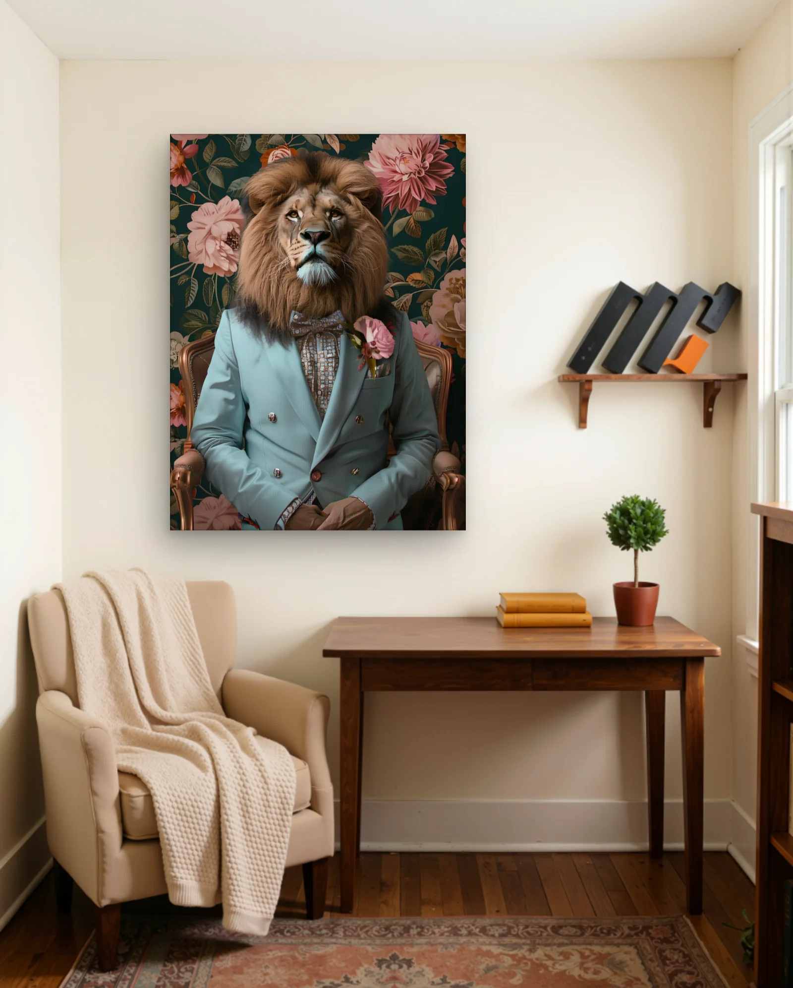 Lion In Teal Suit With Floral Boutonniere Wall Art — framed wall art poster by Memocult