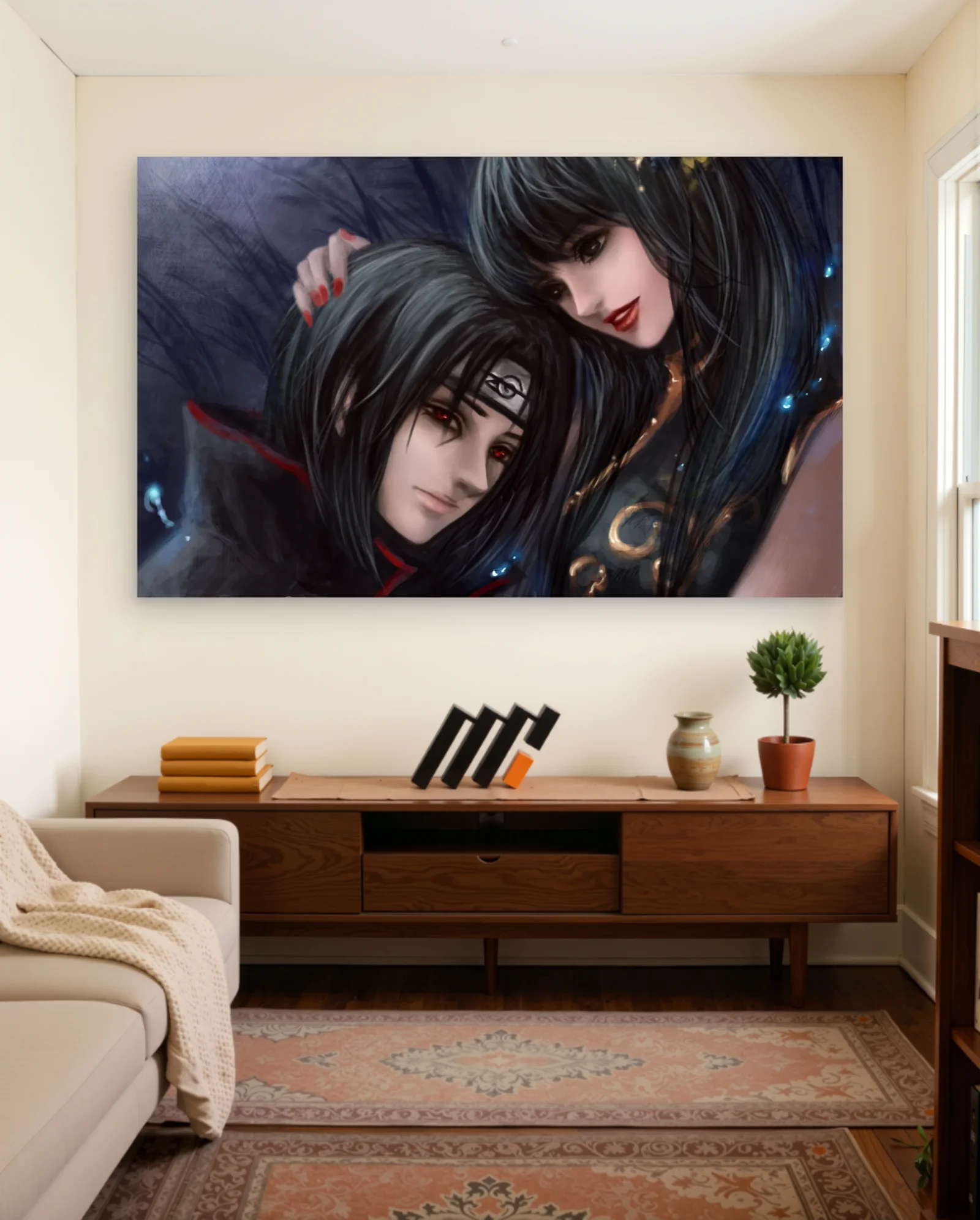 Itachi Uchiha With Woman Poster — framed wall art poster by Memocult