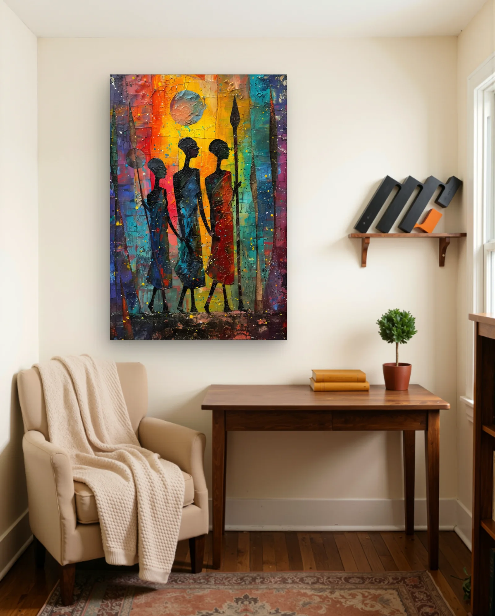 African Silhouettes With Spears And Moon Wall Art — Modern Oil Type classical & fine art wall art poster