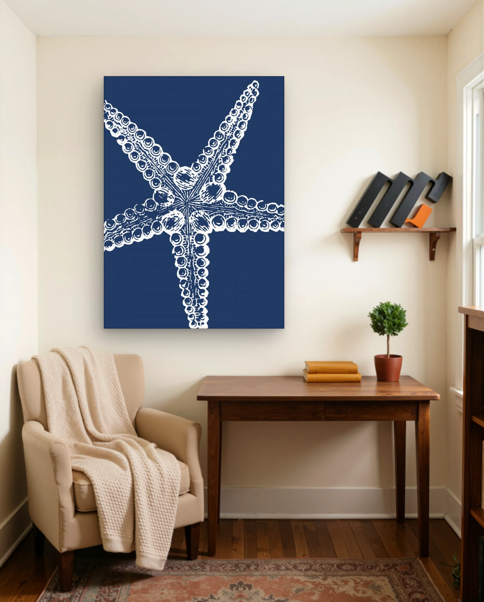 White Starfish Navy Wall Art — framed wall art poster by Memocult