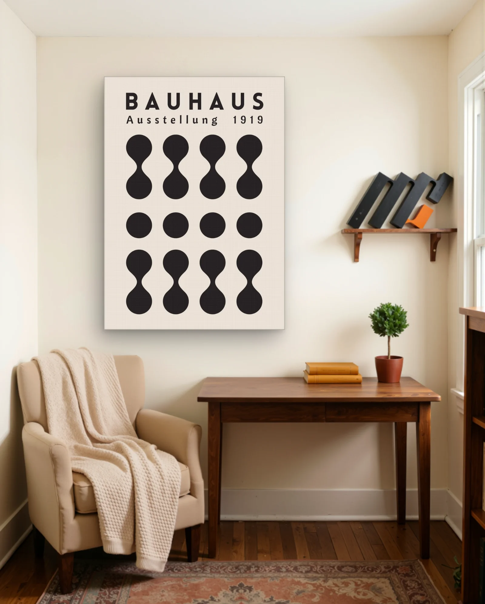 Bauhaus Ausstellung 1919 — Hourglass Dot Grid (Black on Beige) — framed wall art poster by Memocult