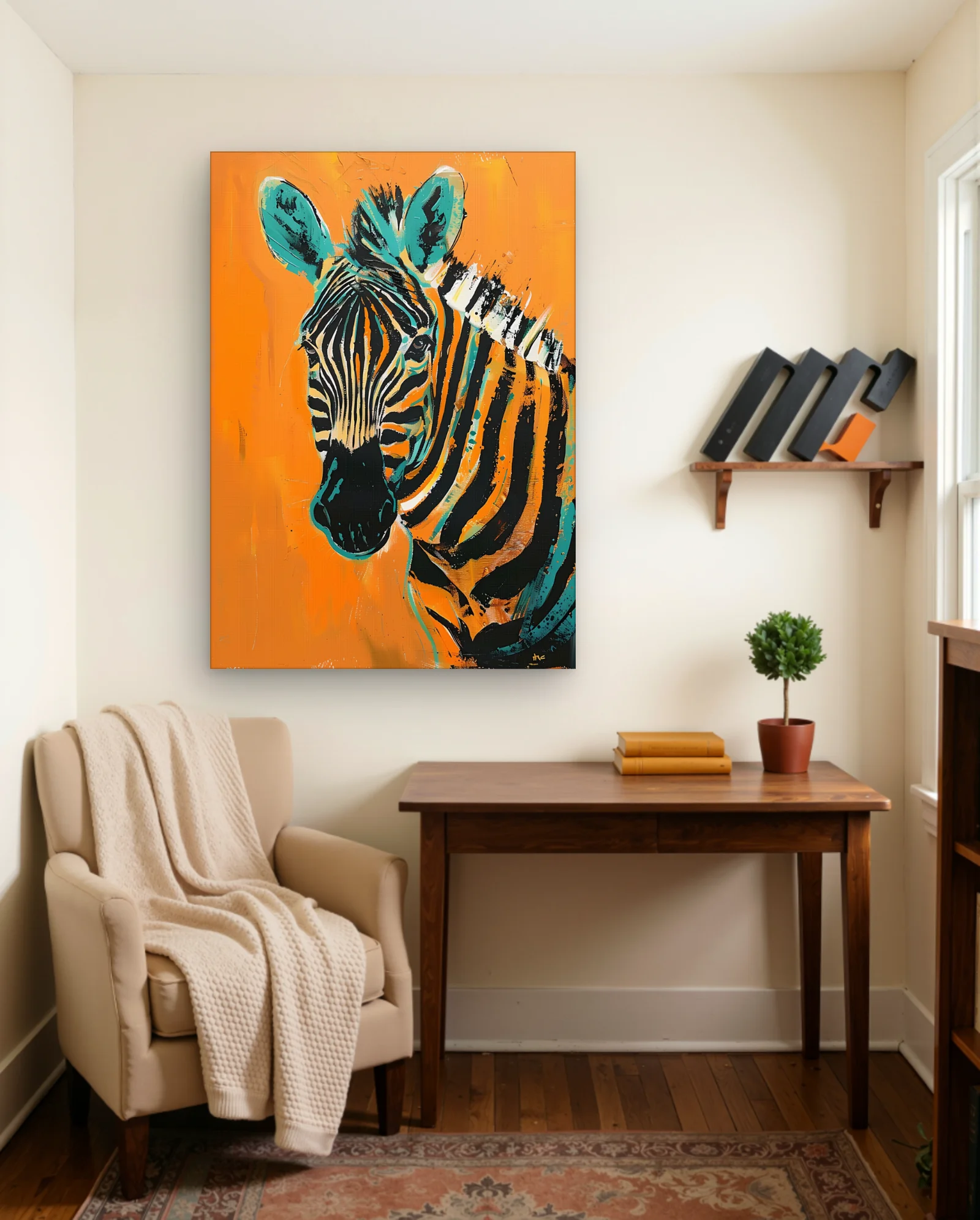 Turquoise Zebra On Orange Wall Art — Abstract abstract & modern wall art poster