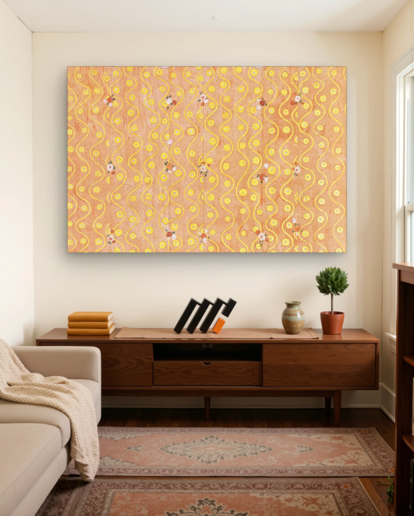Golden Wave Floral Pattern Art Print — framed wall art poster by Memocult