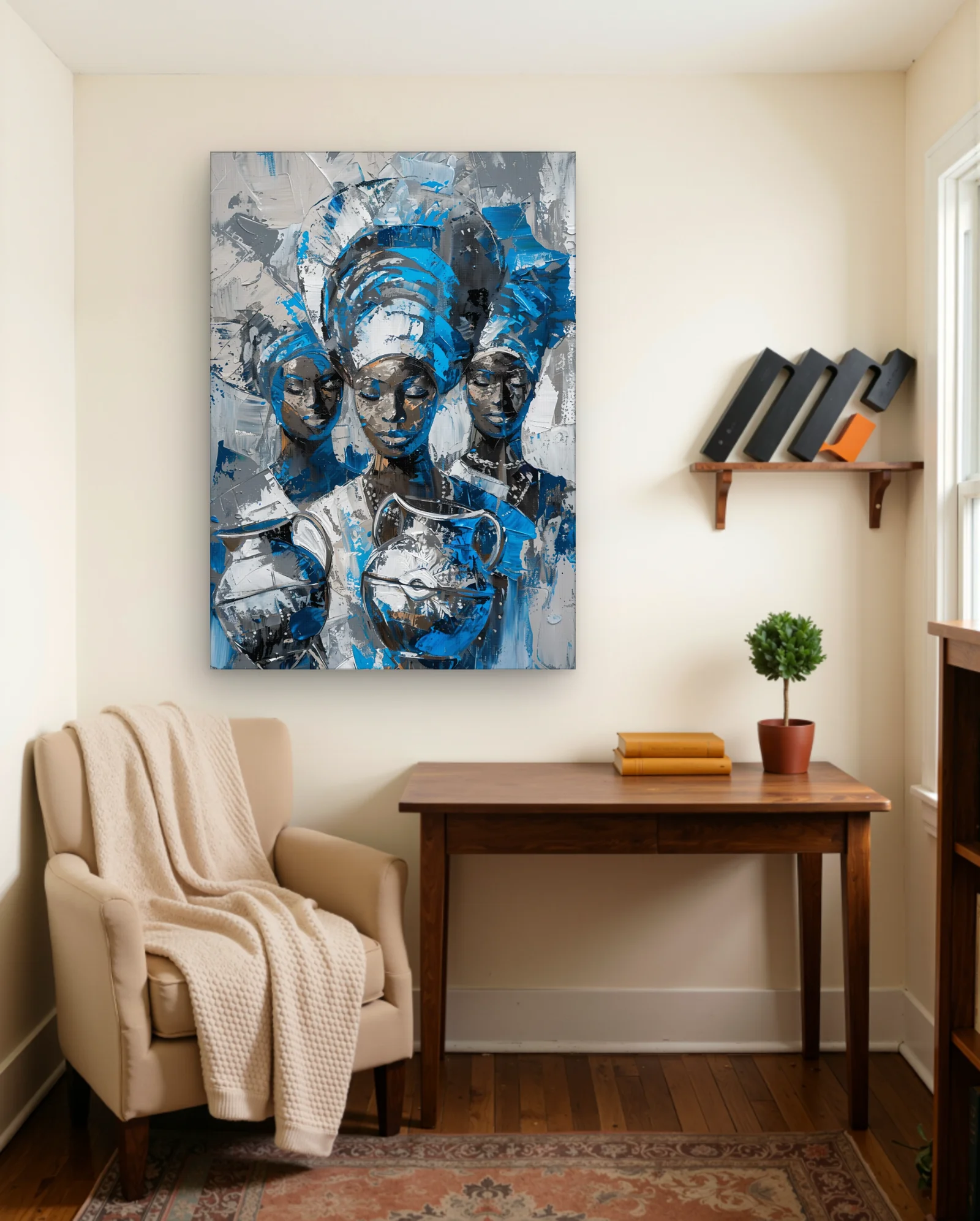 Three Women With Blue Headwraps Wall Art — framed wall art poster by Memocult
