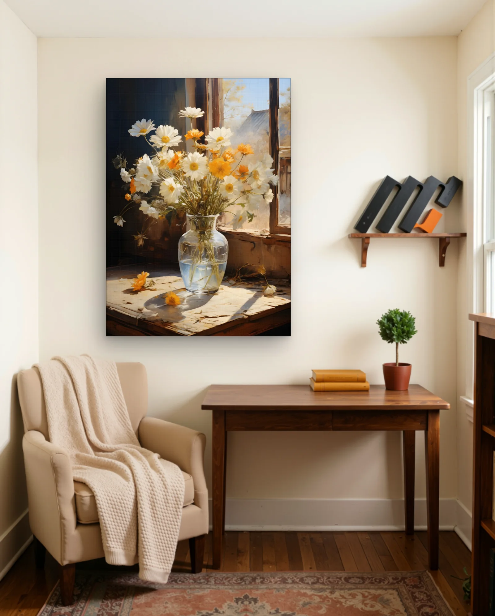 White And Orange Daisies In Vase Wall Art — framed wall art poster by Memocult