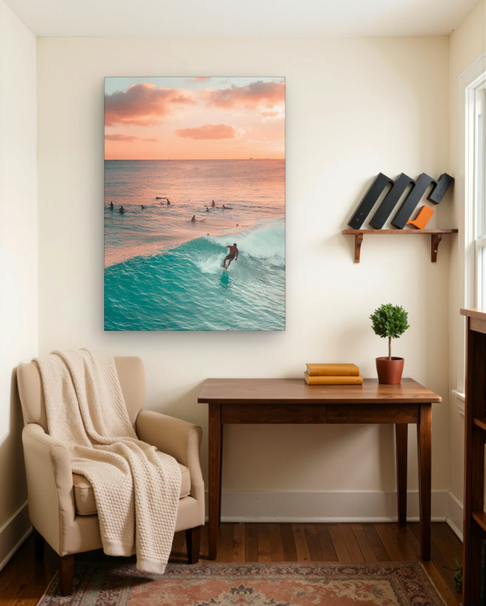 Surfer Riding Wave At Sunset Wall Art — framed wall art poster by Memocult