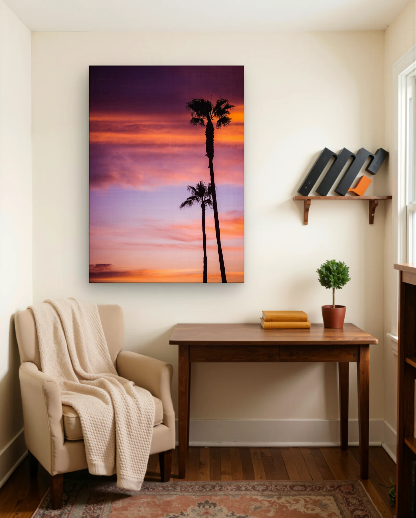 Purple Orange Sunset Palm Trees Wall Art — framed wall art poster by Memocult