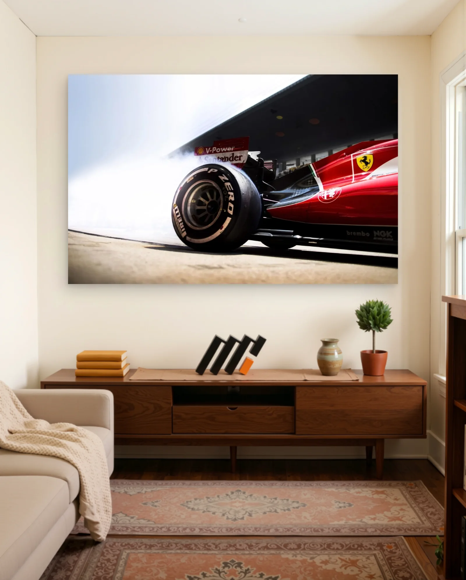 Ferrari F1 Pitlane Smoke Poster — framed wall art poster by Memocult