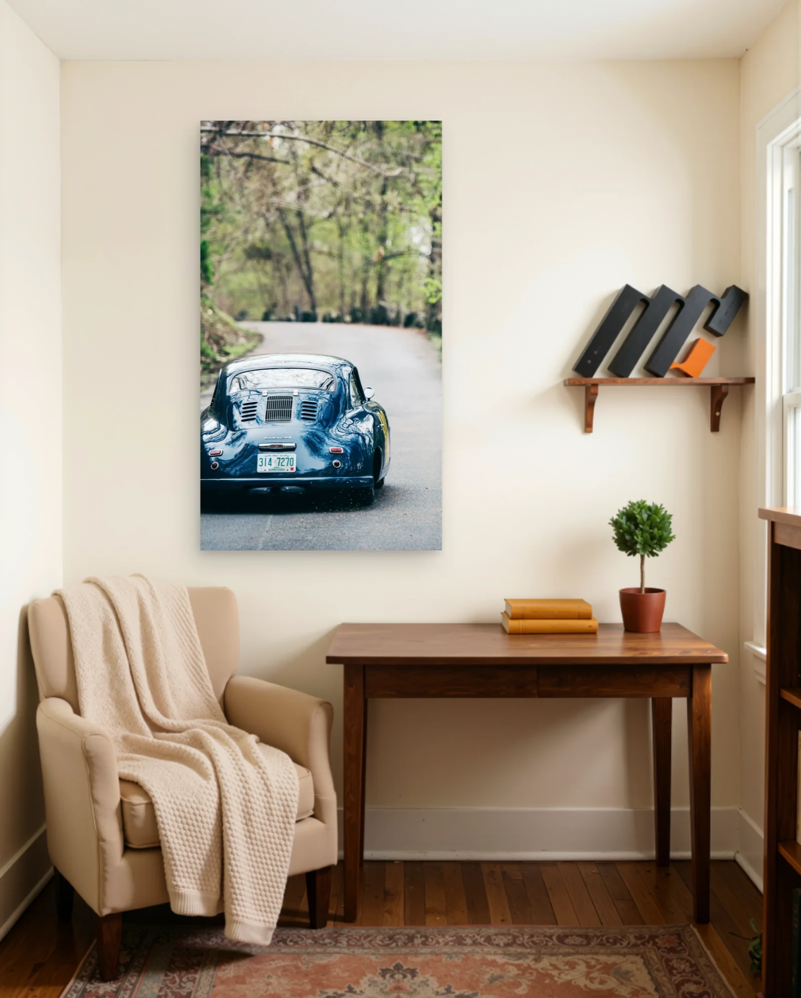 Deep Blue Porsche 356 On Forest Road Poster — framed wall art poster by Memocult
