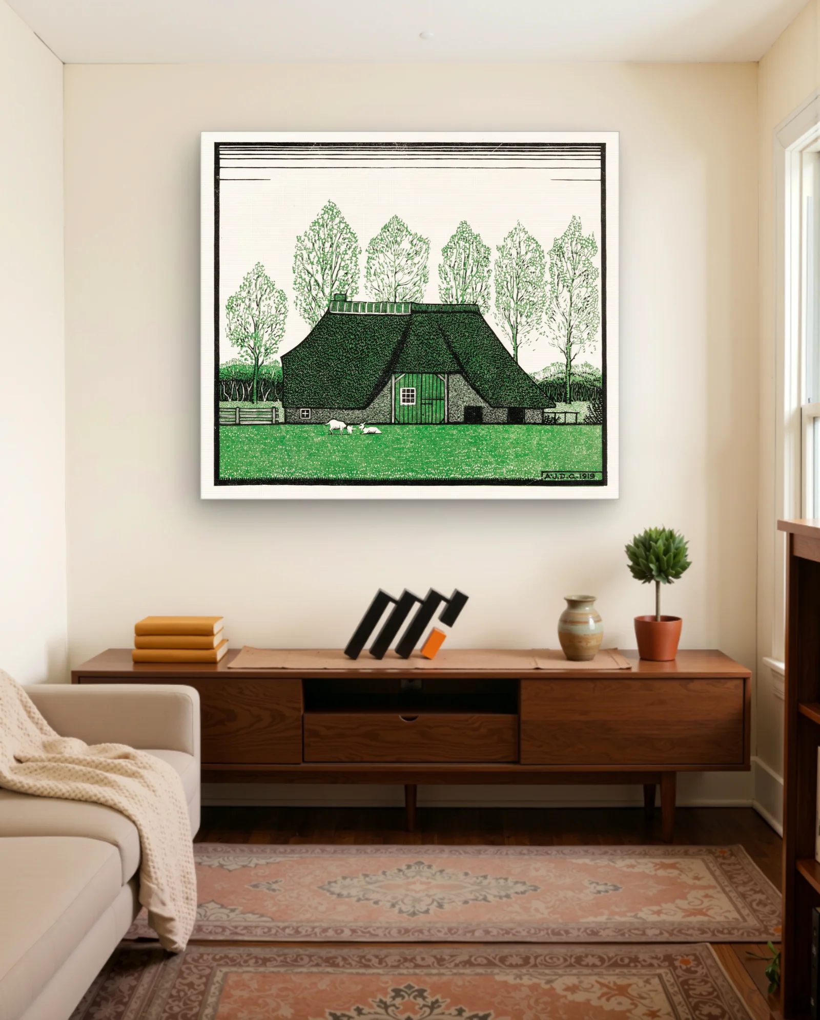 Farmhouse With Thatched Roof And Sheep 1919 Art Print — framed wall art poster by Memocult