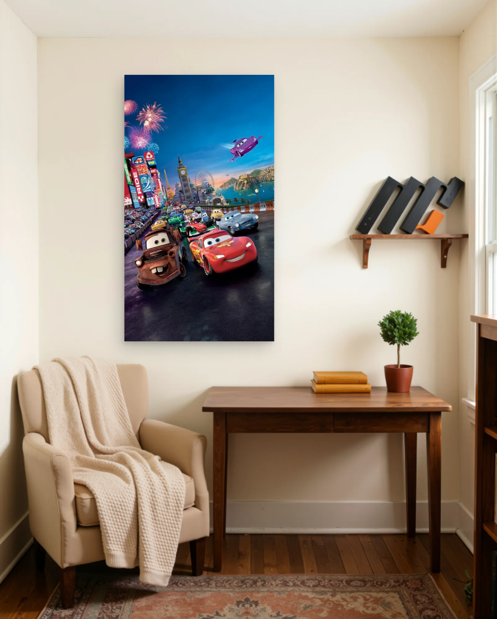 Lightning McQueen Mater World Grand Prix Poster — framed wall art poster by Memocult