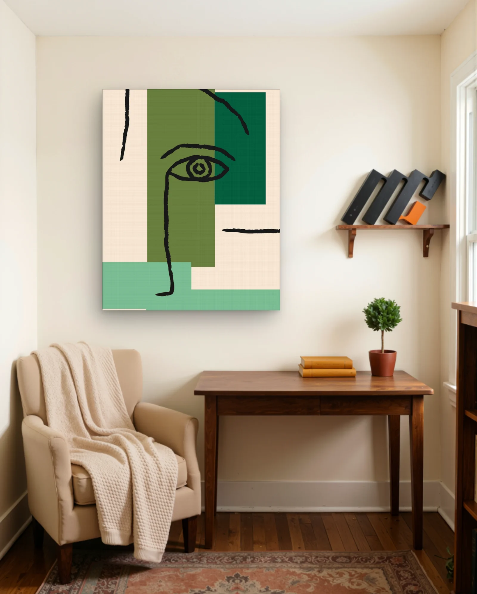 Single Line Face Green Blocks Wall Art — framed wall art poster by Memocult