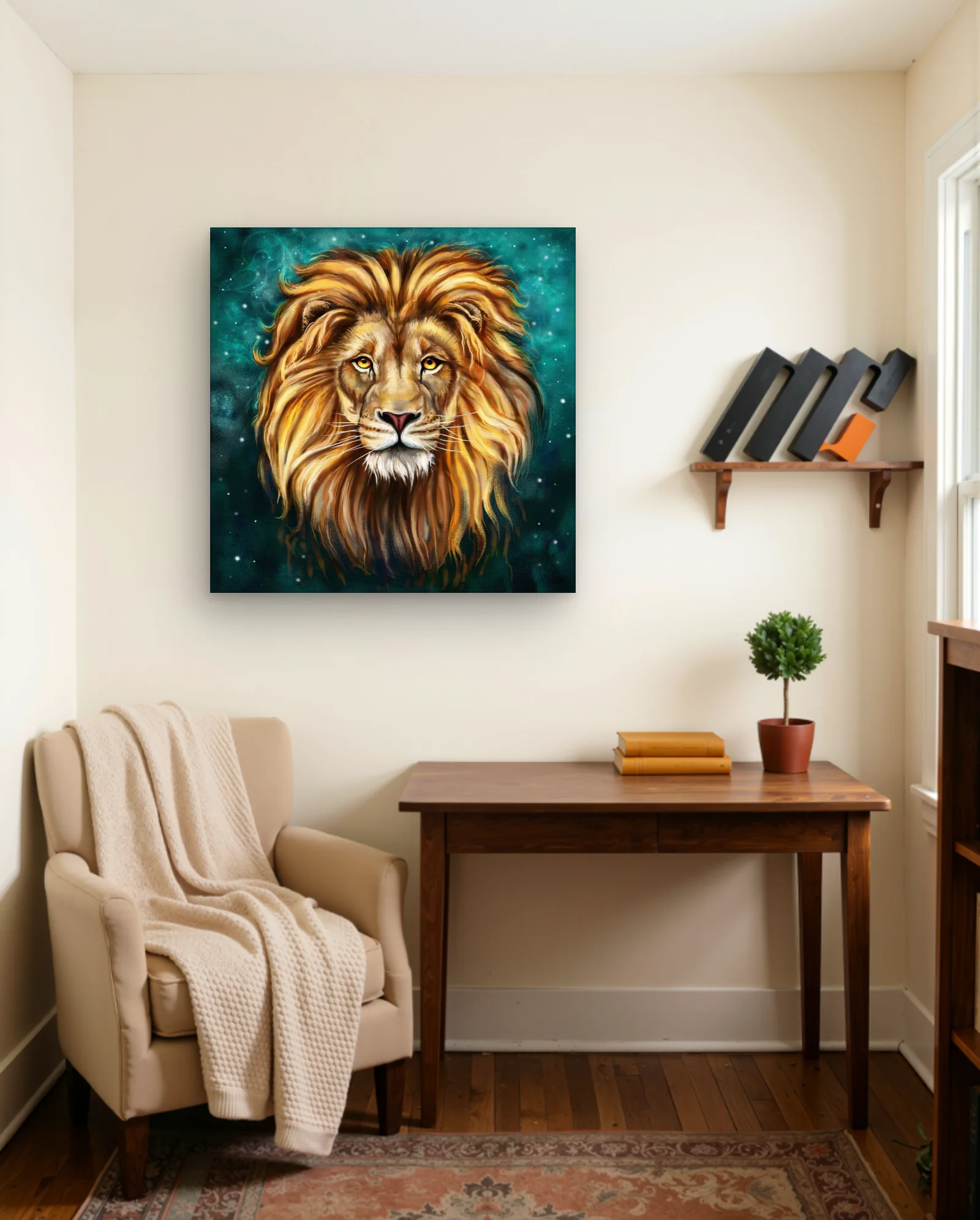Golden Lion Teal Starfield Wall Art — Modern Digital Art abstract & modern wall art poster