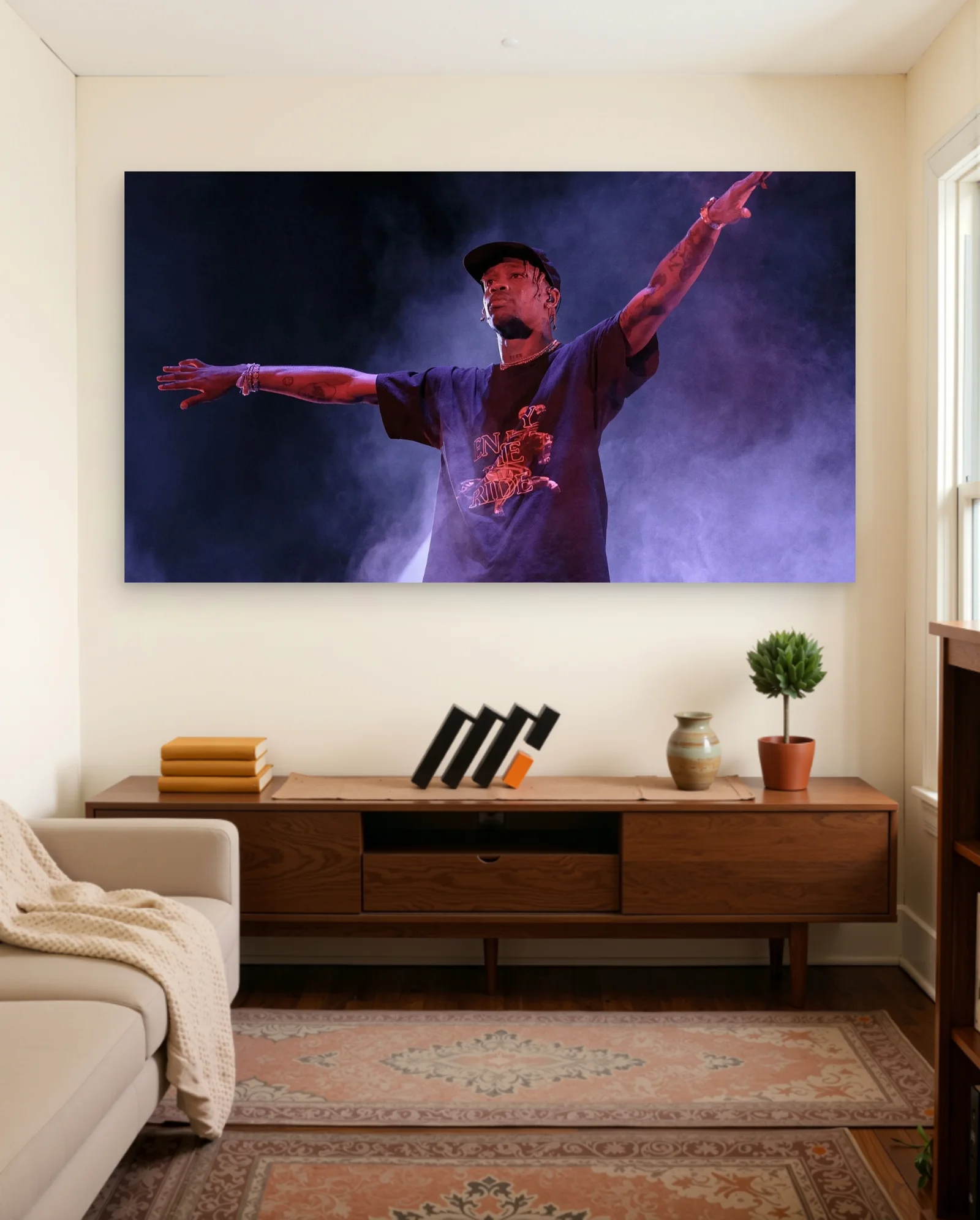 Travis Scott Performing Arms Outstretched Poster — framed wall art poster by Memocult