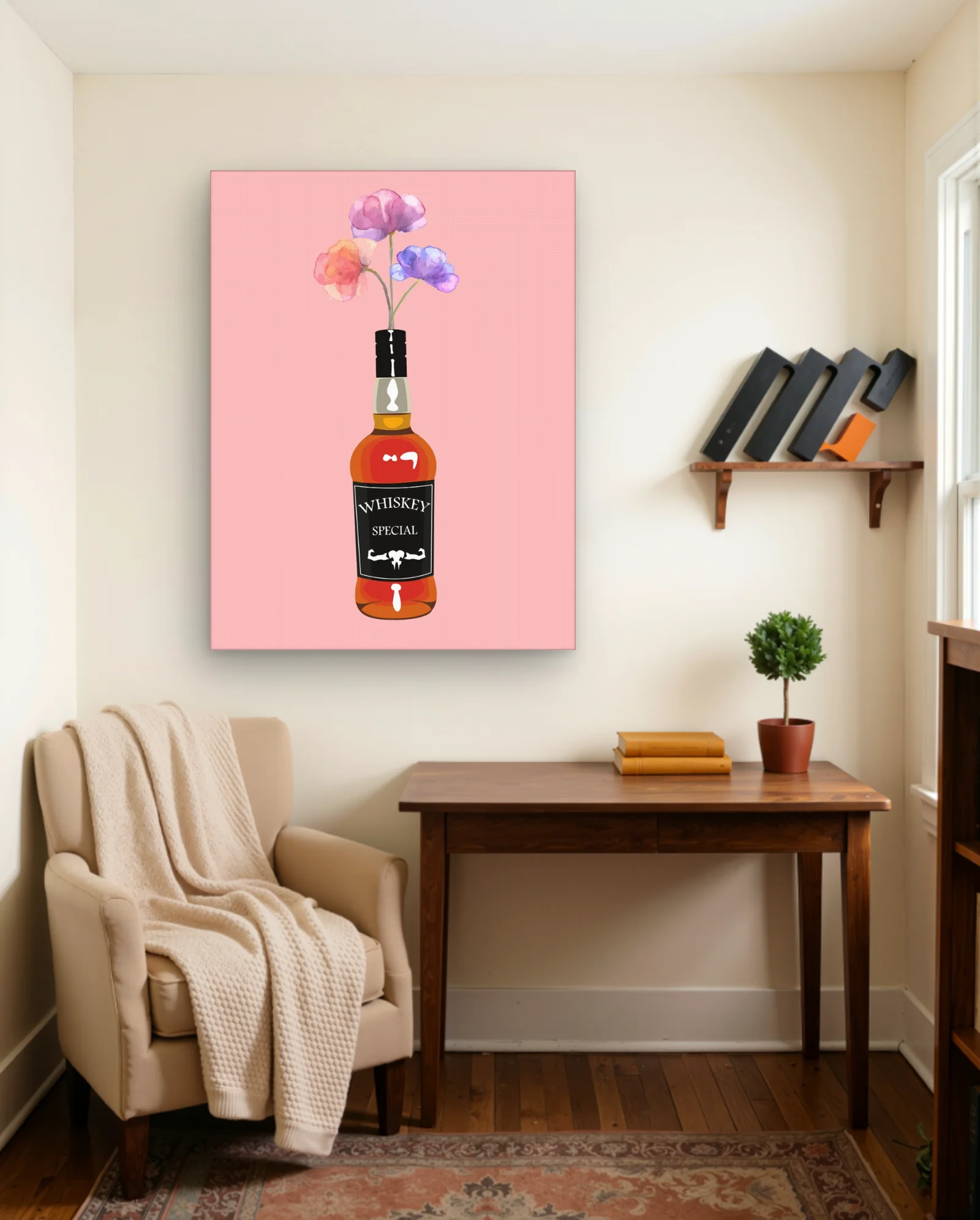 Whiskey Bottle With Watercolor Poppies Wall Art — framed wall art poster by Memocult