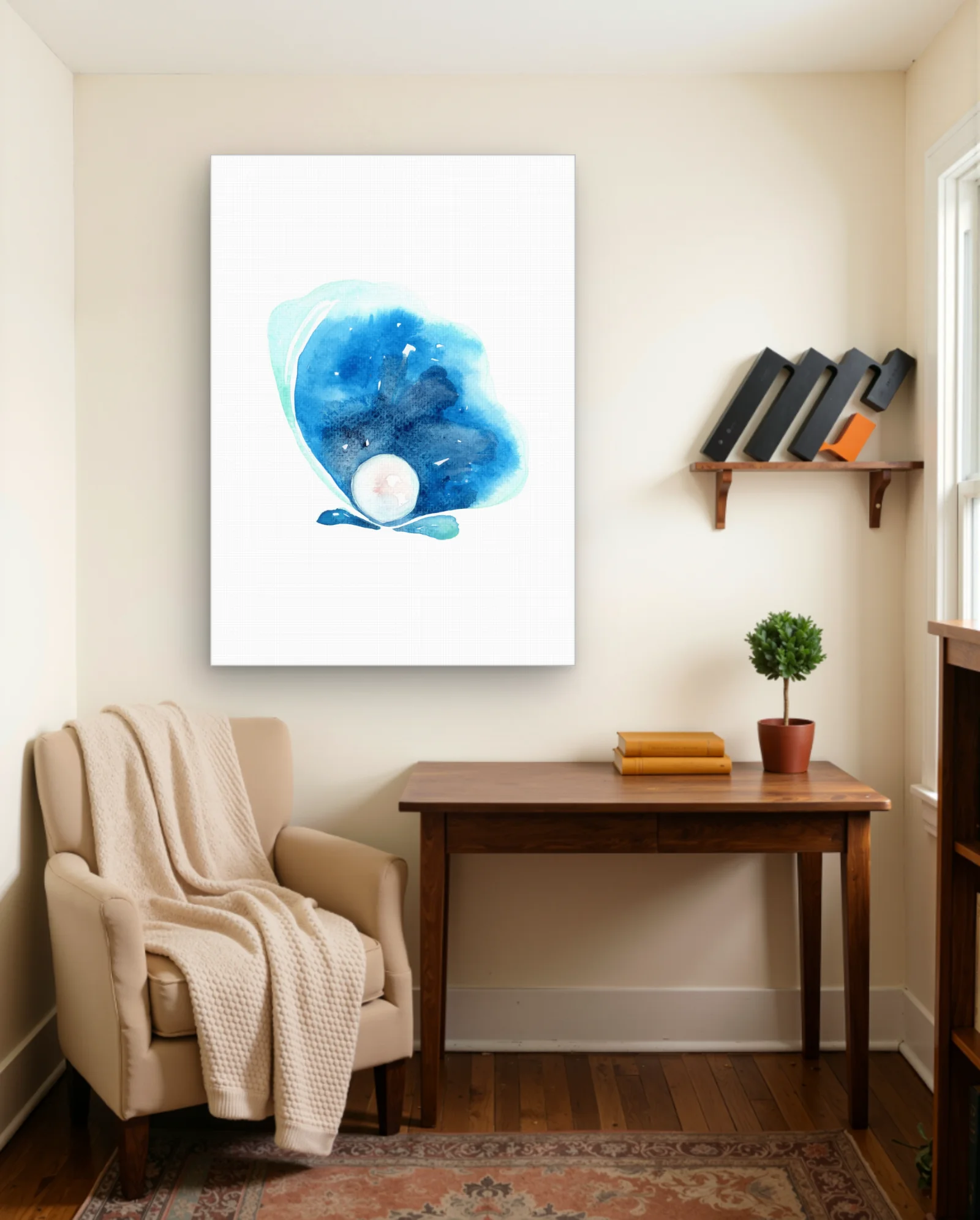 Pearl In Blue Shell Wall Art — framed wall art poster by Memocult